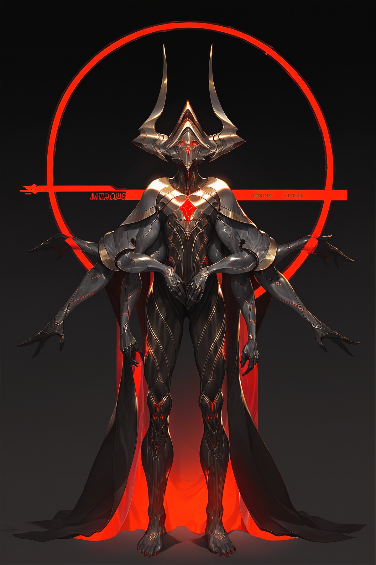 score_9, score_8_up, score_7_up, best quality, masterpiece, <lora:jijia-pony-Tanger-000006:0.8>, jijia, 2d, anime, solo, red eyes, full body, extra arms, standing, looking at viewer, glowing, barefoot, science fiction, a drawing of a woman dressed in black and red, a dark figure with a cape and red light, 