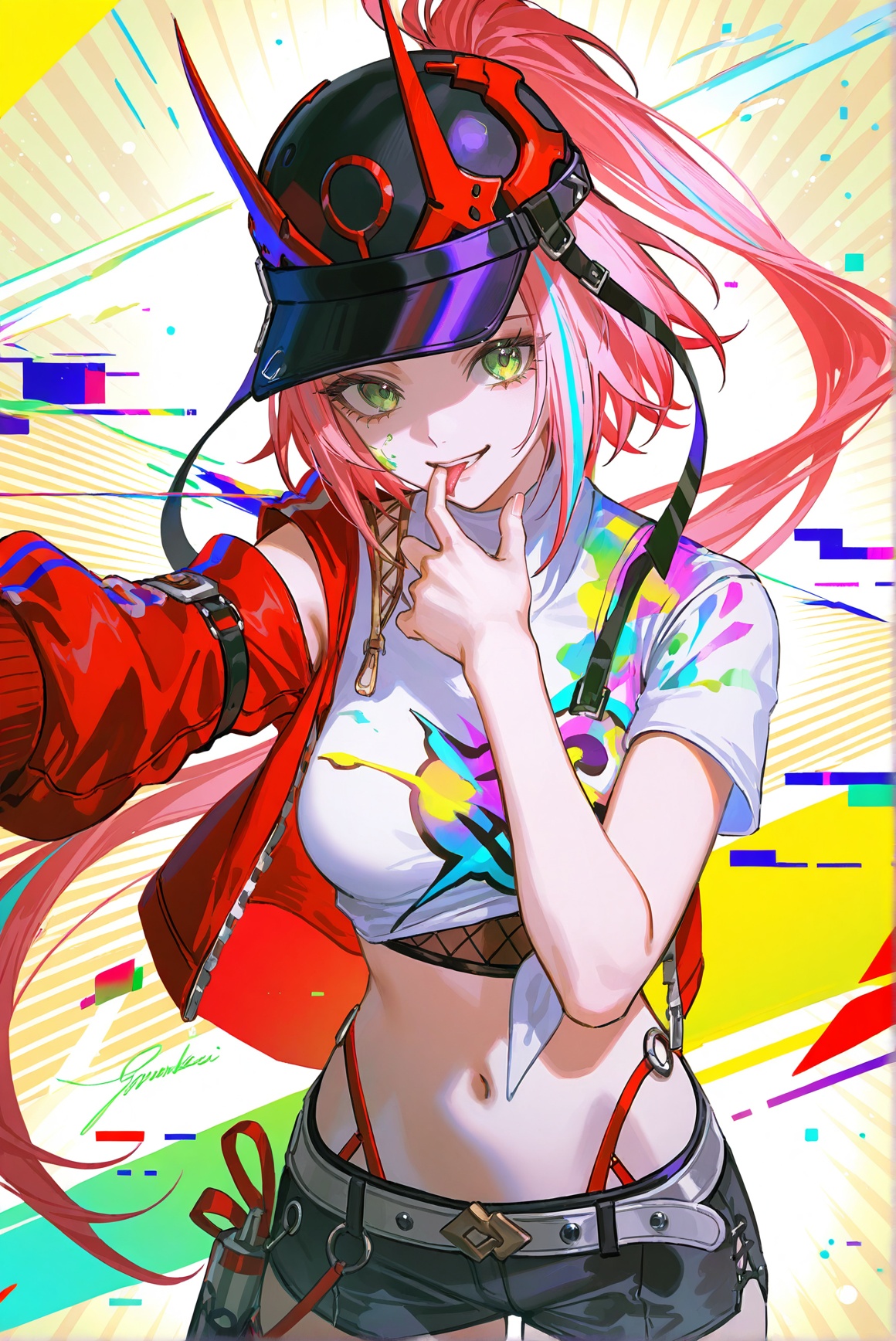 8k,best quality,masterpiece,(ultra-detailed),(high detailed skin),artist:john kafka,(artist:wanke:0.9),artist:fuzichoco,artist:quasarcake,(artist:nixeu:0.8),(1girl:1.2),upper body,light grin,chromatic aberration,cyberpunk,licking finger,glitch lump on face,lens_flare,colorful,chromatic aberration,dynamic pov,Chromatic Aberration,Glitch lettering,abstract art,(clear lines:1.1),(squares:1.1),bright,limited palette,canonical composition,(neat diagonal striped background:1.2),(Light Yellow background:1.1),ultra-detailed,film grain,geometry stripe,genderswap,<lora:rappa-noob-Tanger-000011:0.8>,rappa,def-rappa clothes,baseball cap,1girl,green eyes,shorts,navel,midriff,pink hair,horns,belt,multicolored hair,shirt,