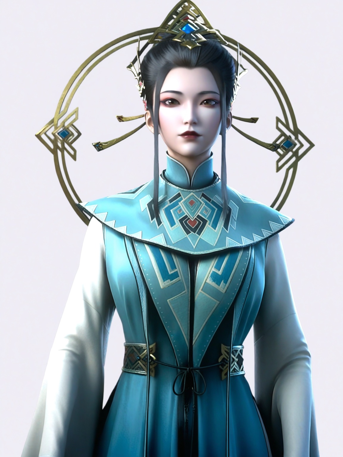 score_9,<lora:SF_JiaLan_Pony_Realism2.3-000004:0.7>,hair ornament,black hair,dress,long hair,eyeshadow,1girl,breasts,large breasts,dress,hanfu,solo,looking at viewer,white background,simple background,cowboy shot,