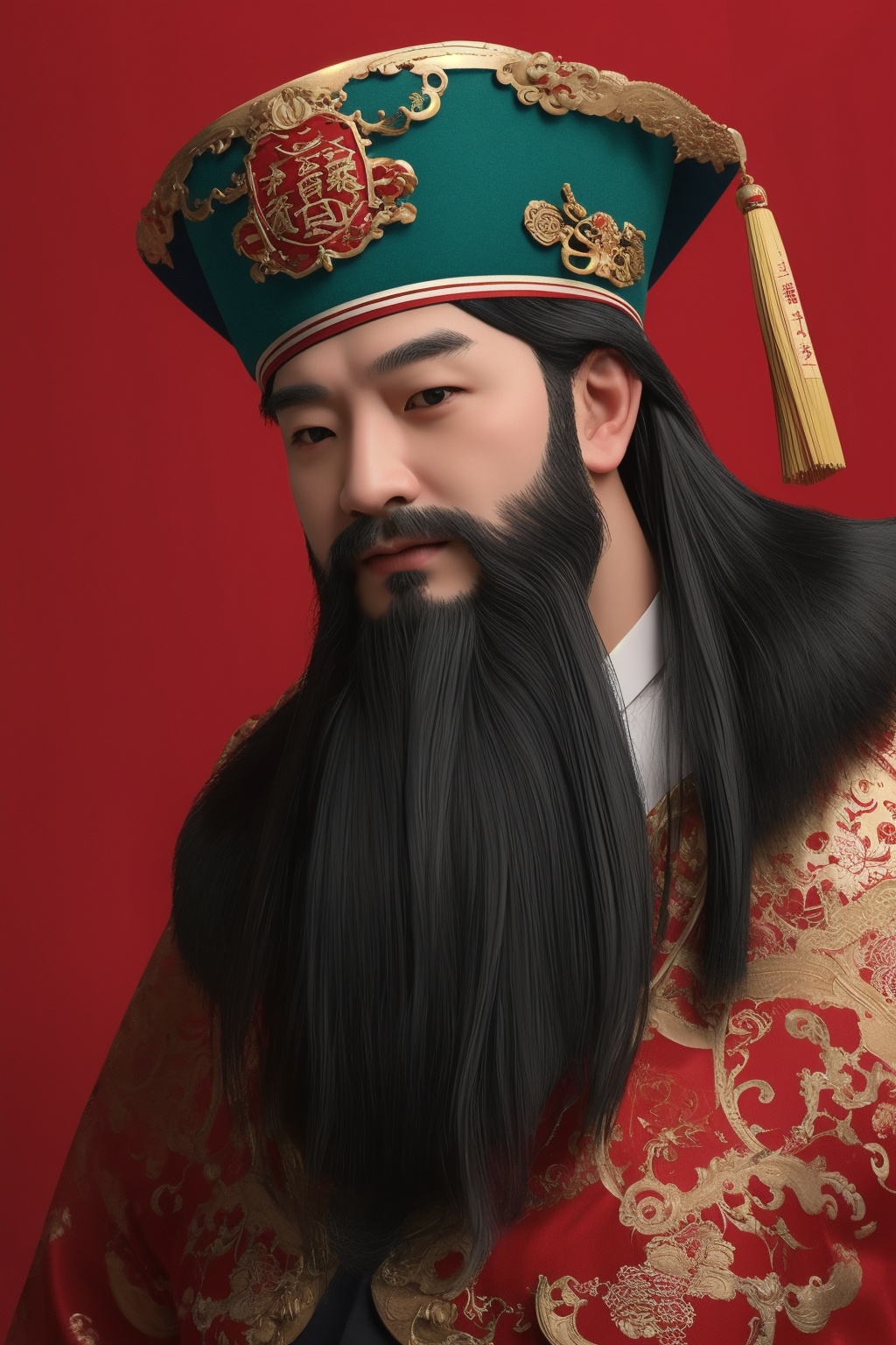 caishen,beard,Low Angle,Red background,<lora:caishen-000002:0.7>,Half of one's body,solo,