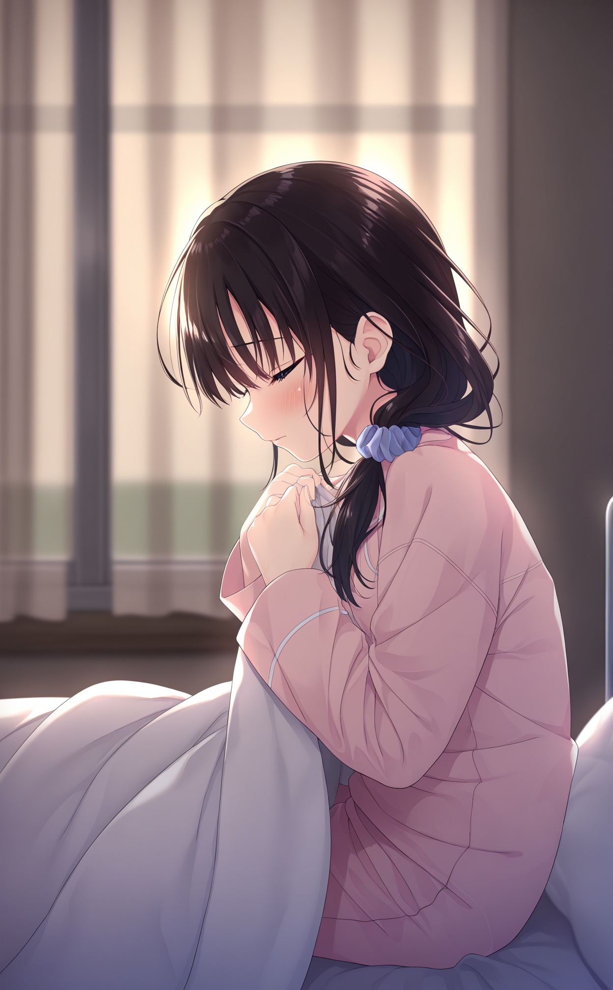 masterpiece,very aware,highres,absurdres,newest,best quality,high quality,loli,petite,chromatic_aberration,//,1girl,solo,black_hair,pajamas,sitting,long_hair,blanket,from_side,hospital_bed,profile,bed,looking_down,blurry_background,blush,scrunchie,indoors,blurry,hair_scrunchie,curtains,hair_over_shoulder,window,hair_ornament,long_sleeves,//,<lora:kz——【noob】hans-000002:0.8>,