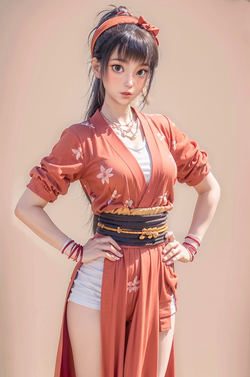 1girl, child,solo, hands on hips, jewelry, looking at viewer, black hair, ponytail, hairband, sash, long hair, necklace, red hairband, japanese clothes, white background, short sleeves, cowboy shot, bangs, brown eyes, lips, standing, black eyes, parted lips, obi,  wristband, kimono, white shirt , <lora:fqe13:0.6>,(small breasts),jewelry, necklace, , shorts, short sleeves, solo focus, looking at viewer, holding, black eyes, black hair, full body