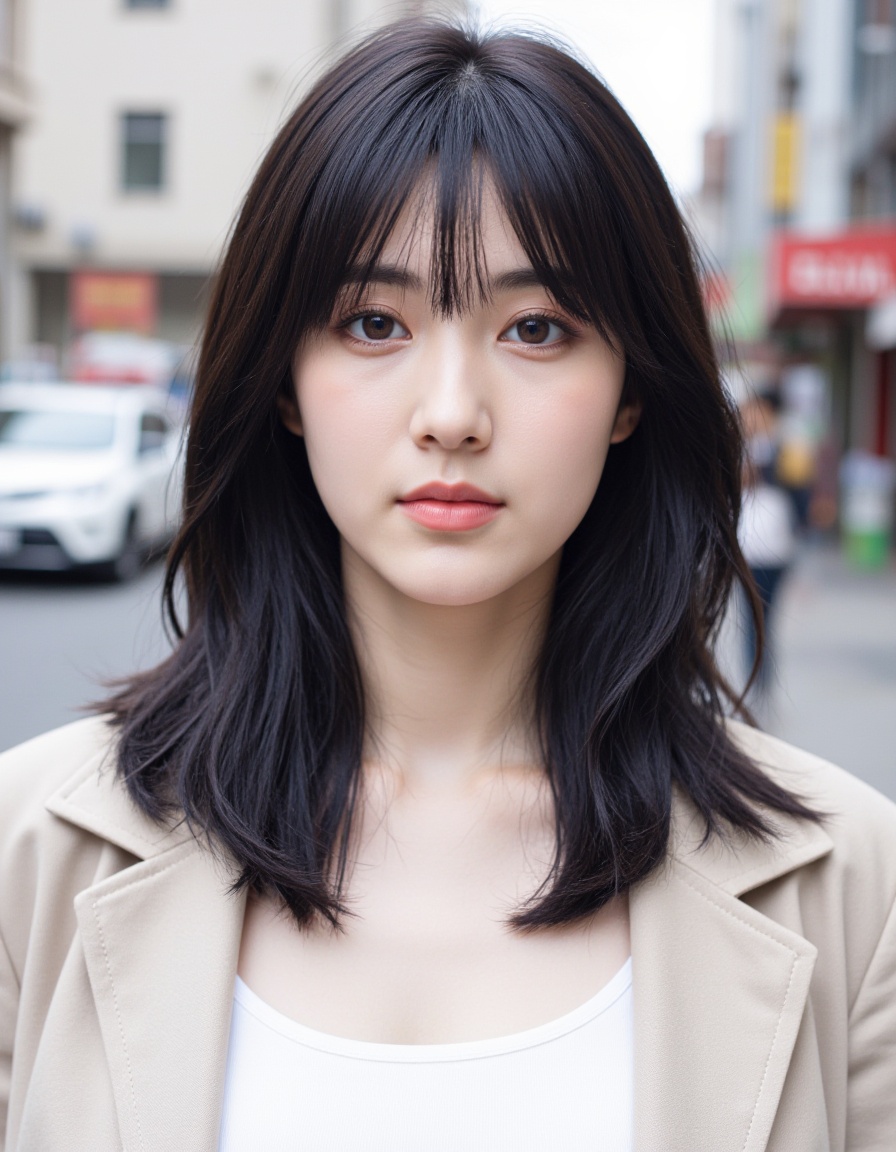 This is a photograph of a girl with fair skin and a short, straight black long hair. She has a slender build and is wearing a light jacket, over a white top. Her expression is neutral, with slightly parted lips and soft makeup. The background shows an urban street with buildings, a white car, and a person in the distance.