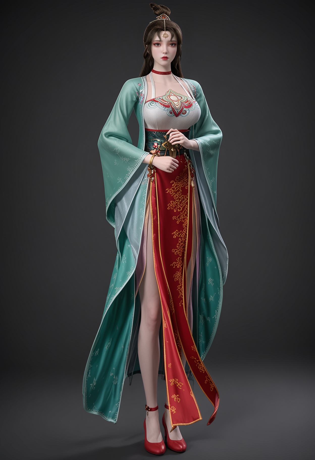 (gigantic breasts:0.6),(standing full_body:1.1),(looking at viewer:1.1),facing viewer,direct gaze,<lora:YQ_pony_yunmo_V4:0.8>,q1528437228,1girl,solo,black hair,long hair,choker,red choker,hair ornament,dress,chinese clothes,long sleeves,jewelry,forehead mark,bracelet,wide sleeves,hair bun,brown hair,mole under eye,brown eyes,eyeshadow,red footwear,BREAK simple background,pure black background,black background,perfect anatomy,