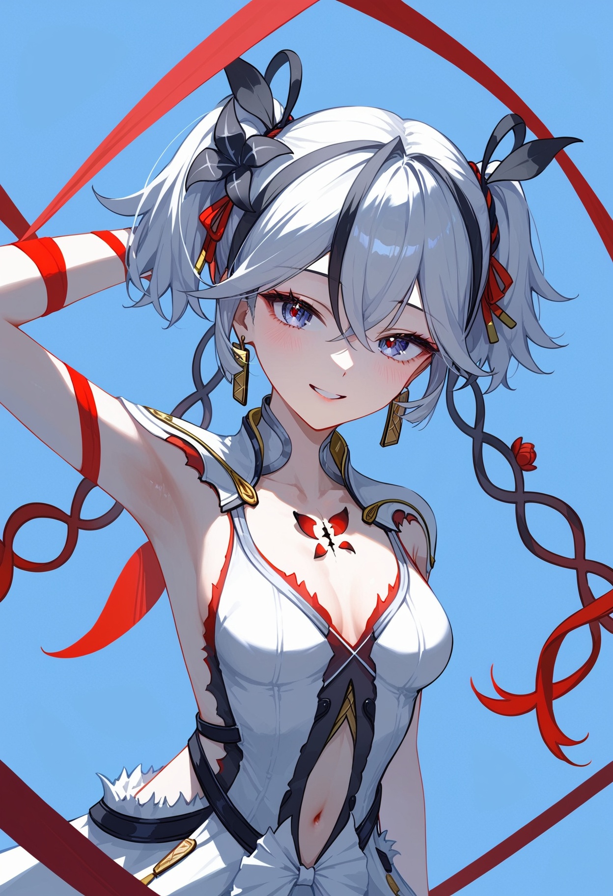 <lora:椿2pony:1>,mcchun,a girl named mcchun,1girl,looking at viewer,twintails,smile,white dress,cleavage,navel,earrings,armpits,red flower,collarbone,dress,ribbon,, (score_9,score_8_up,score_7_up),(masterpiece,best quality,high quality:1.2),absurdres, prefect lighting, very aesthetic, anime BREAK