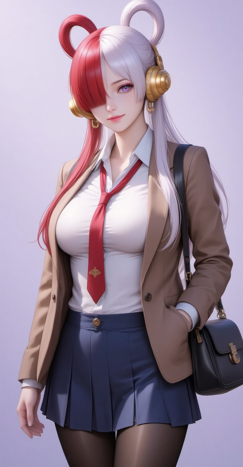 wuta,lvjing,baoshi,lvjing,1girl,split-color hair,red hair,white hair,multicolored hair,hair over one eye,purple eyes,breasts,two-tone hair,long hair,hair rings,headphones,1girl,solo,pantyhose,skirt,necktie,red necktie,hair ornament,school uniform,jacket,bag,smile,looking at viewer,shirt,hairclip,pleated skirt,brown jacket,black pantyhose,school bag,white shirt,blazer,standing,upper_body,blue skirt,long sleeves,collared shirt,light purple background,closed mouth,open clothes,open jacket,6,cover,simple background,gradient background,close-up details,outstanding style,adding a touch of dimension to your images without compromising details,close-up,