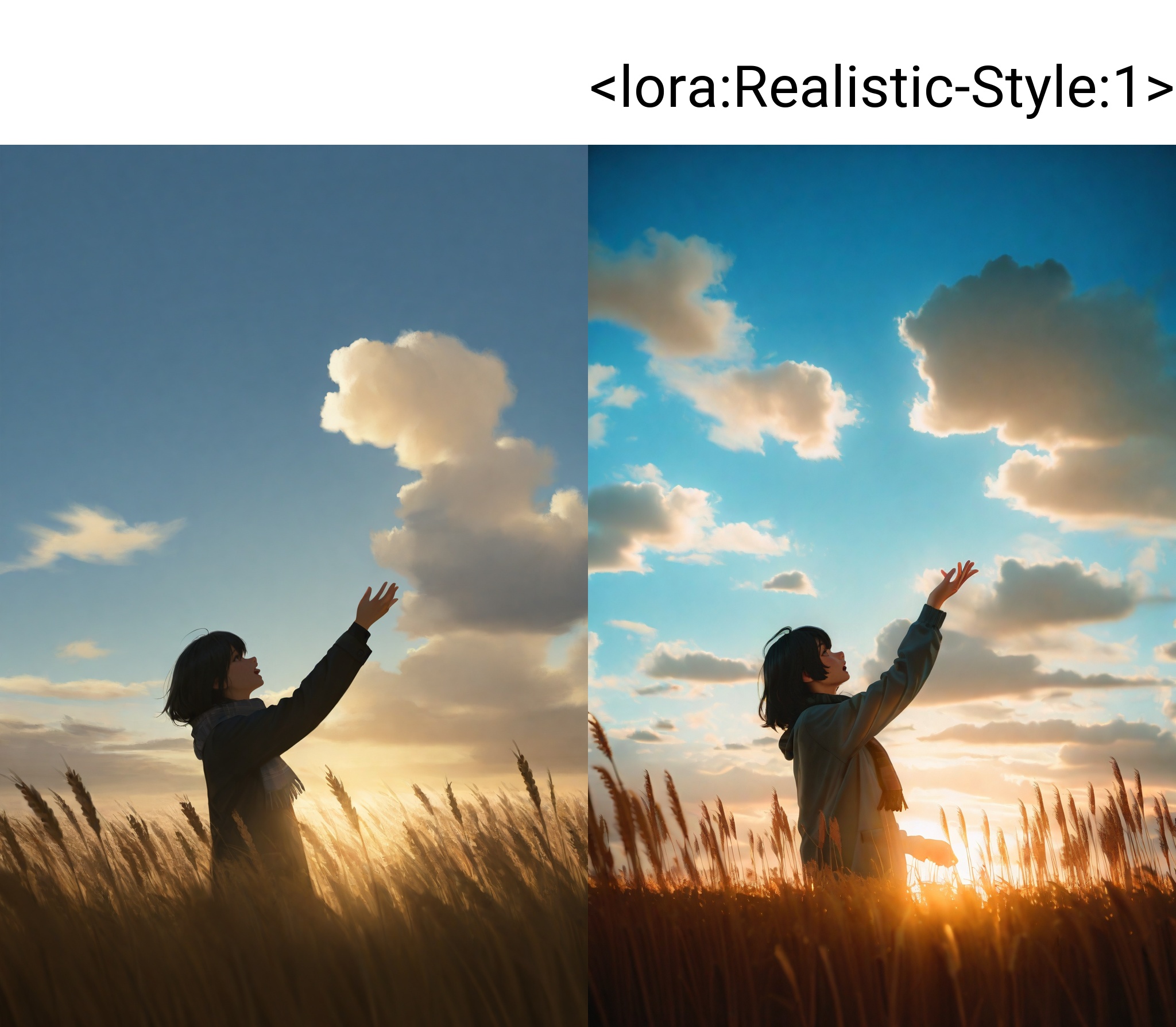 highres,absurdres,Visual impact,masterpiece,best quality,very aesthetic,amazing quality,newest,(realistic:1.3),(reality:1.3),(chiaroscuro:1.3),volumetric lighting,cinematic lighting,Natural Light,Mood Lighting,ray tracing,\\,solo,outdoors,sky,short hair,blue sky,open mouth,black hair,1girl,looking up,clear sky,wheat,male focus,day,scenery,long sleeves,profile,from side,field,scarf,long hair,cloudy sky,reaching towards sky,