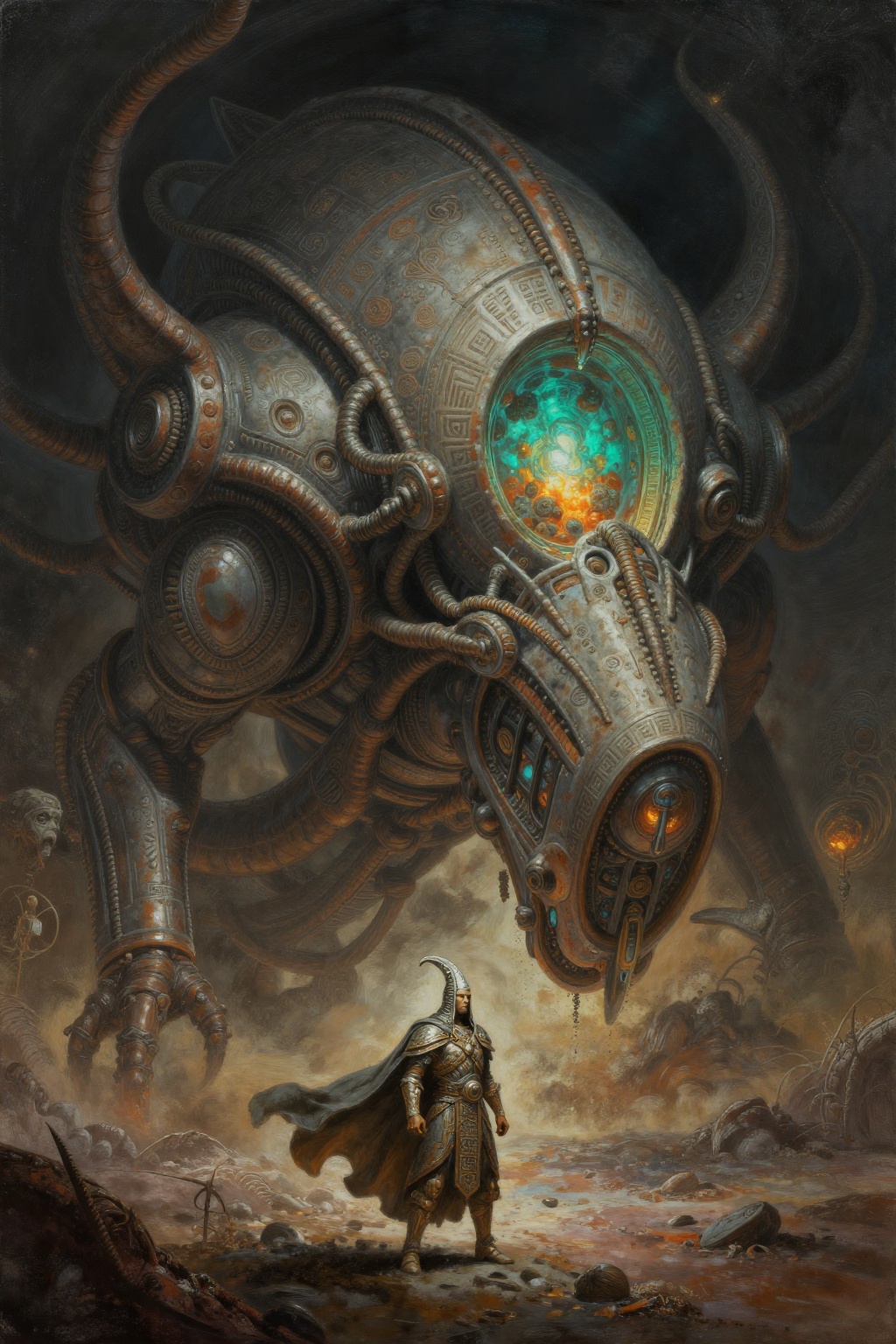 secret_grotesque_fantasy,  heavy gritty texture,  painterly gouache illustration style. A futuristic fantasy hybrid scene...