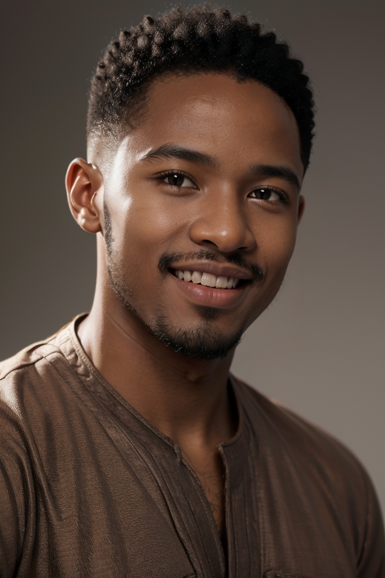 close up portrait of a black man of (Africa:1.5)n descent,happy and smile expression,looking at camera,slight stubble,clean skin,brown eyes,wearing dark shirt,soft lighting,gray background,shallow depth of field,high-resolution image,studio shot,headshot,photographic realism,, masterpiece,best quality,