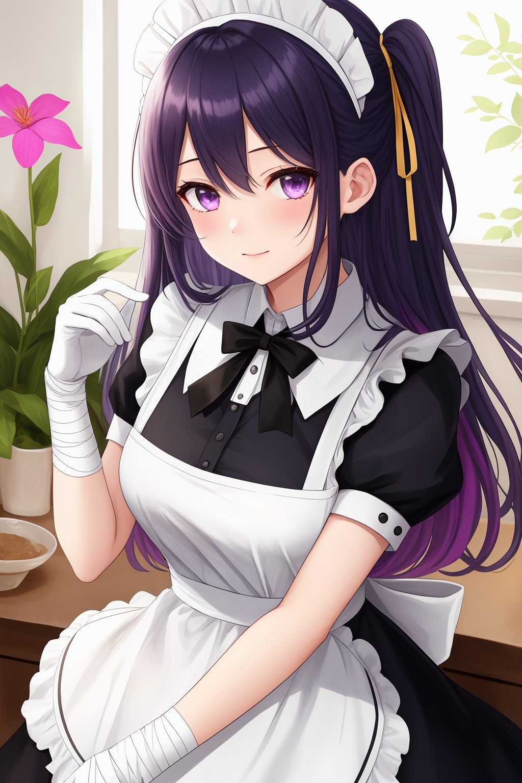 1girl, solo, long hair, looking at viewer, bangs, black hair, gloves, dress, ribbon, hair between eyes, closed mouth, purple eyes, purple hair, flower, multicolored hair, frills, black gloves, hand up, apron, black dress, two-tone hair, maid, maid headdress, neck ribbon, one side up, bandages, white flower, white apron, maid apron, frilled apron, yellow ribbon, colored inner hair, bandaged arm, collared dress 