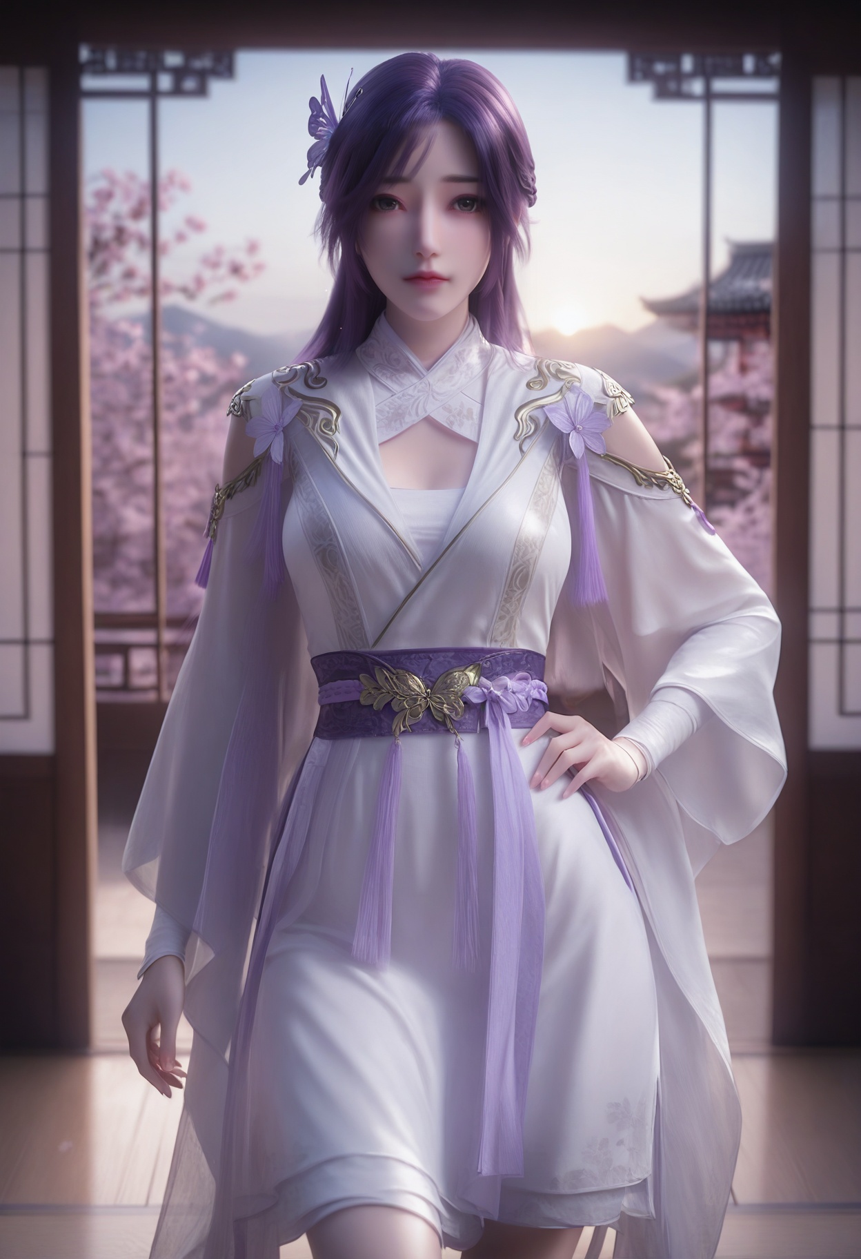 Yun_**_new,1girl,hair ornament,purple hair,long hair,solo,blurry background,looking at viewer,black eyes,bangs,hair flower,butterfly hair ornament,braid,realistic,<lora:Yun_**_*****_10_illu-000004:0.75>,white dress,purple dress,sash,chinese clothes,long sleeves,clothing cutout,photorealistic,hyperrealistic,<lora:realistic filter [IL]:1>,(pale skin:0.8),looking at viewer,standing,one hand on hip,kneeslantern,open window,looking at viewer,indoors,mountains,blossoms,flowers,east asian architecture,beautiful sunrise,warm ambient temperature,