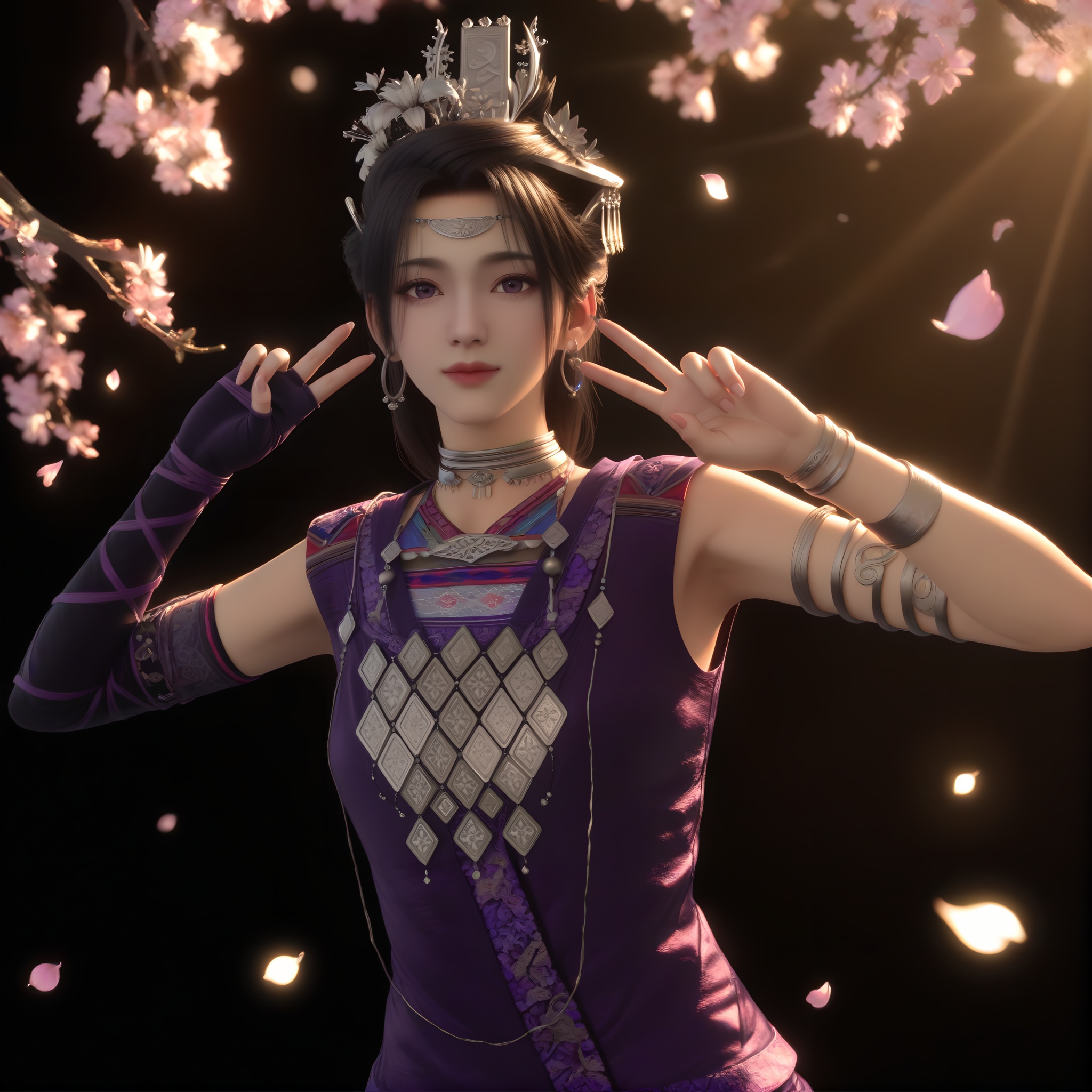 (score_9),<lora:紫萱-pony:0.8>,1girl,solo,long hair,black hair,hair ornament,jewelry,hoop earrings,circle,hair flower,tiara,choker,silver choker,necklace,purple dress,elbow gloves,armlet,bracelet,single elbow gloves,collarbone,double v,looking at viewer,(front view),upper body,BREAKtwig,branch,falling petals,simple background,black background,rim light,Volumetric Lighting,lens flare,Tyndall effect,depth of field,bokeh,sparkle,<lora:e色温:-0.6>,