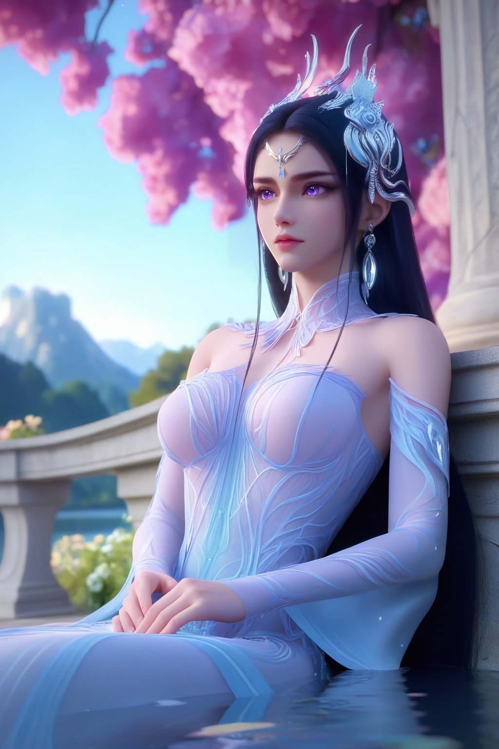 (Seated on a velvet chaise lounge by a crackling fireplace, she embraces the warmth and coziness of the moment:1.2),<lora:XL16神国之上叶婵宫:0.95>,miss yechangong,sheer blue chiffon corset gown,violet eyes,forehead pendan,black hair,very long hair,hair ornament,earrings,jewelry,(large breasts:1.2),tree,flower,pink_flower,water,stone,flowers_Surrounded,pondel,, score_9,score_8_up,score_7_up,score_6_up,score_5_up,score_4_up,3d rendering,tag1,tag2, Cinematic Lighting,backlighting,