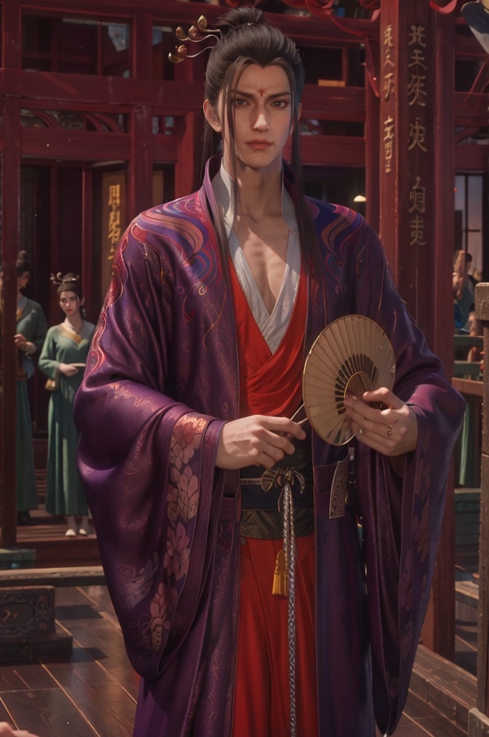 standing, holding, hand fan, , (((solo))), hanfu, wide sleeves, jewelry, black hair, chinese clothes, long sleeves, hair ornament, ,  <lora:zwl215:0.7>,masterpiece,absurdres,best quality,highres,HDR,UHD,8K,best quality,masterpiece,realistic,best quality,masterpiece,male focus, hair ornament, 