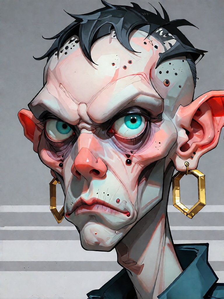 Bradhamel art style. A stylized cartoon portrait of a stern,  angular-faced character with pinkish skin,  deep-set glowing...