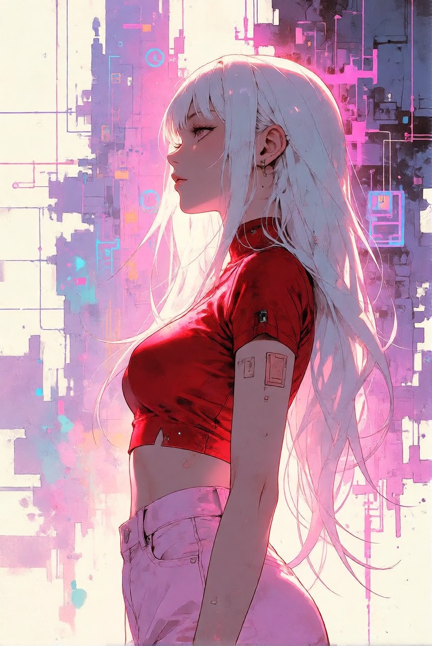 PosingDynamicsDaal,  A woman with long,  cascading white hair stands in relaxed side profile facing left on Tensor.Art