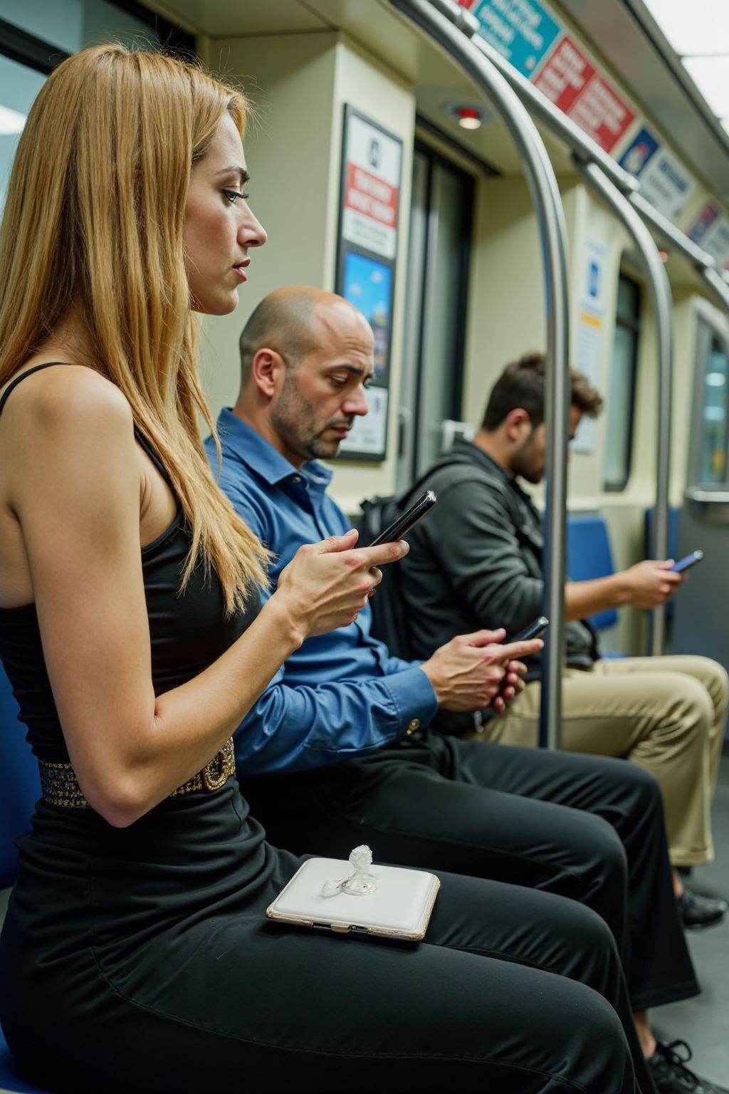 HDR photo of cinematic film still A photograph captures three young adults on a subway train. The woman with long blonde hair and fair skin, wears a strapless black dress with a belt, holding a smartphone. Beside her, a bald man in a blue shirt and black pants looks at his phone, while a glasses-wearing man in a gray shirt and black backpack sits behind them. The train's interior is modern, with metallic handrails and digital advertisements. . shallow depth of field, vignette, highly detailed, high budget, bokeh, cinemascope, moody, epic, gorgeous, film grain, grainy . High dynamic range, vivid, rich details, clear shadows and highlights, realistic, intense, enhanced contrast, highly detailed