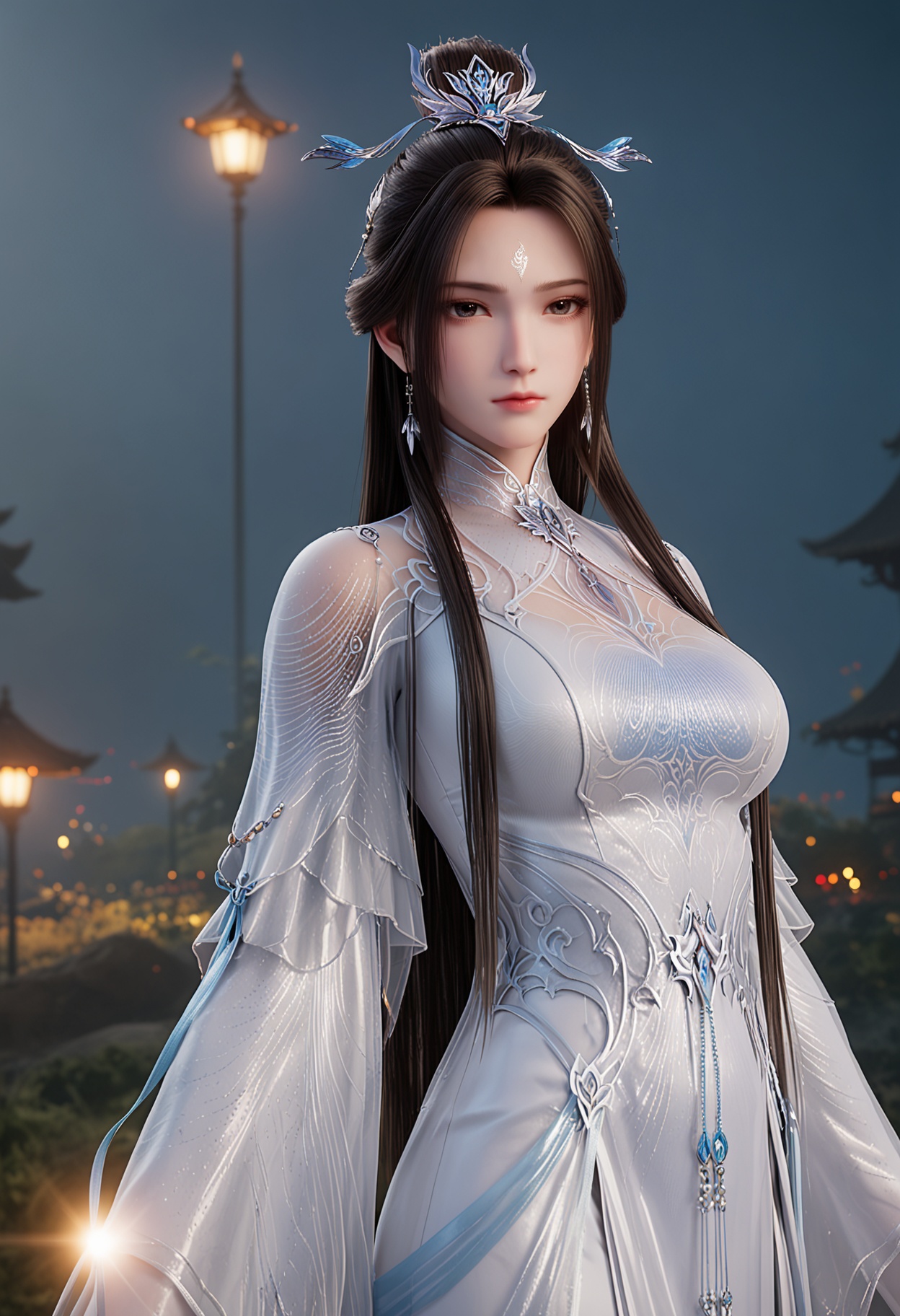 score_9,high detail,best quality,cinematic lighting,volumetric lighting,shiny skin,shiny,1girl,solo,forehead mark,large_breasts,black eyes,earrings,dress,white dress,hair bun,hair ornament,long hair,brown hair,chinese clothes,long sleeves,closed mouth,looking_at_viewer,<lora:QQSponyluxueqiV2:0.8>,<lora:Pony_DetailV2.0:0.8>,<lora:皮肤凹痕:0.1>,