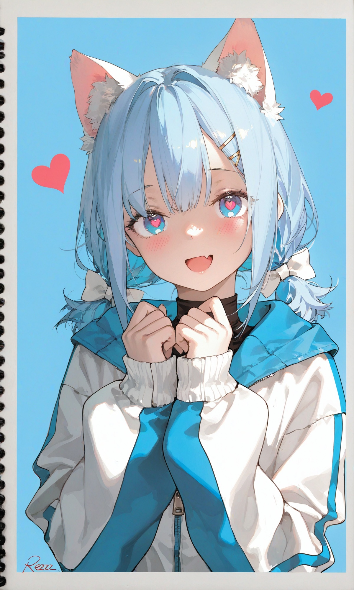 simple,sketch lines,mixed media,conceptual art,z3zz4,dino \(dinoartforame\),ichika \(ichika87\),toosaka asagi,nekojira,rhasta,rella,1girl,solo,skin fang,fang,animal ears,short twintails,blue eyes,simple background,heart,blue hair,cat ears,twintails,jacket,open mouth,hair bow,bow,hair ornament,blue background,looking at viewer,symbol-shaped pupils,upper body,smile,hairclip,blush,short hair,zipper,low twintails,heart-shaped pupils,signature,white bow,
