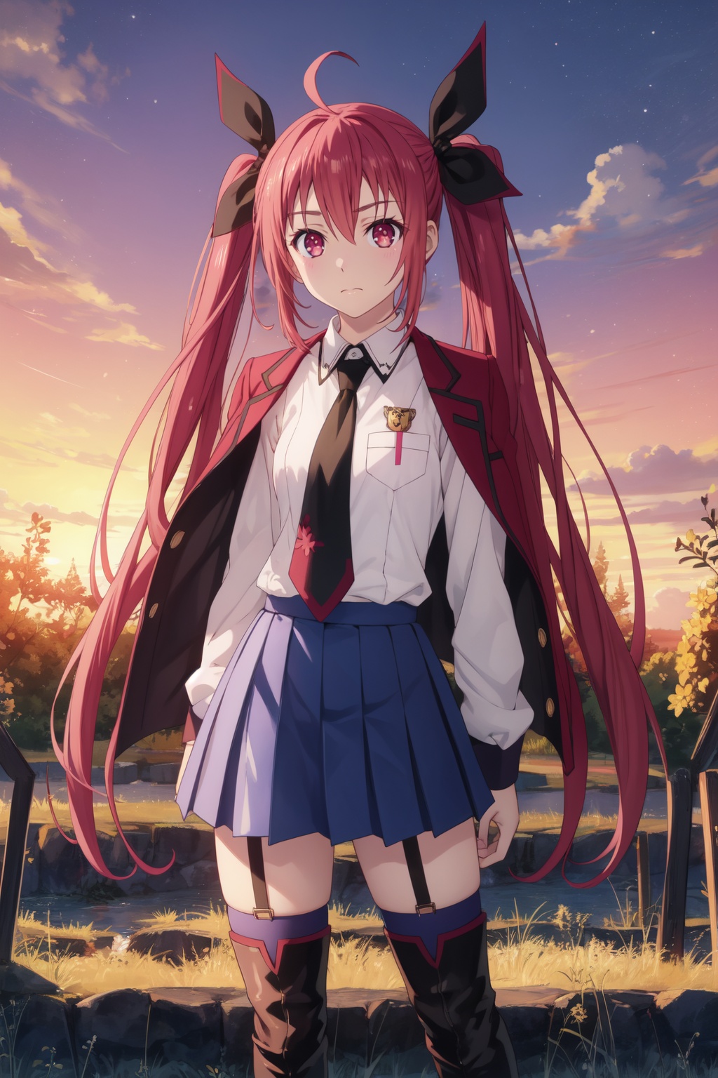 <lora:Kotori-000010:0.8>,Kotori cyql,1girl,looking at viewer,solo,twintails,red hair,ahoge,long hair,ribbon,hair ribbon,red eyes,school uniform,white shirt,jacket on shoulders,necktie,skirt,thighhighs,boots,thigh boots,Sad, downturned mouth, drooping eyelids, and furrowed brow.,full_shot,beautiful face,beautiful eyes,glossy skin,shiny skin,Sunset, Vineyard, Grapes, Sky, Colors, Horizon, Serenity, Harvest,(Gum trees, Eucalyptus scent, Australian outback, Sunrise hues, Gum tree silhouettes, Outback landscape:0.6),beautiful detailed sky,beautiful detailed glow,posing in front of a colorful and dynamic background,masterpiece,best quality,beautiful and aesthetic,contrapposto,female focus,wallpaper,fashion,