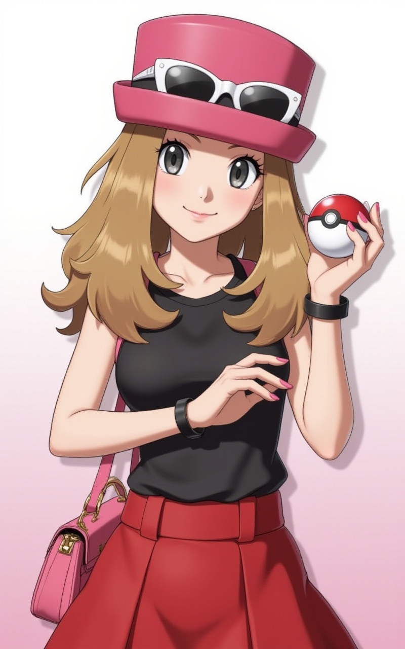 <lora:莎莉娜8:1>,shalina,brown hair,fair_skin,1girl,serena \(pokemon\),solo,holding,poke ball,long hair,hat,poke ball \(basic\),grey eyes,holding poke ball,eyewear on headwear,smile,sunglasses,skirt,white-framed eyewear,closed mouth,shirt,pink headwear,sleeveless shirt,sleeveless,white background,bracelet,eyelashes,jewelry,red skirt,looking at viewer,simple background,pink nails,brown hair,bag,pink bag,nail polish,black shirt,upper body,7,cover,simple background,gradient_background,Close-up details,outstanding style,adding a touch of dimension to your images without compromising details,close-up,<lora:DJ滤镜_2.5D版:0.4>,lvjing,