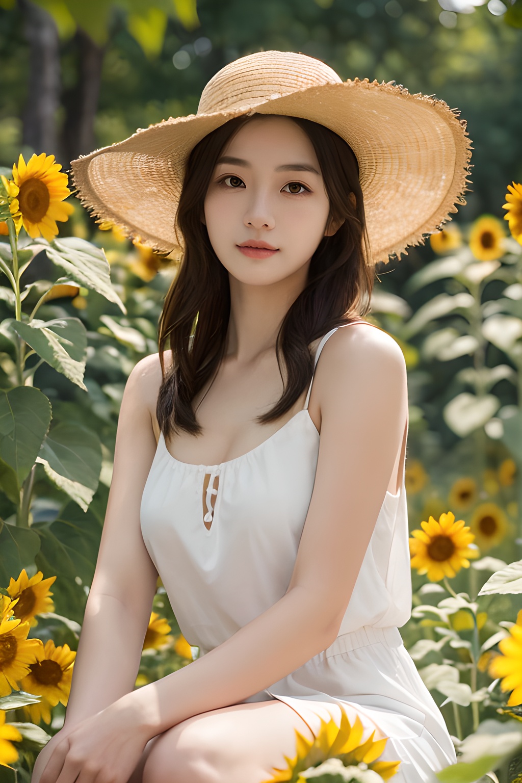 <lora:0809_01:0.7>,a girl with a sun hat, sitting in a field of sunflowers, bathed in the golden glow of sunset, warm hues, peaceful ambiance, natural beauty.korean girl,black hair,, 1girl,realistic,masterpiece, best quality, photorealistic, HDR,detail