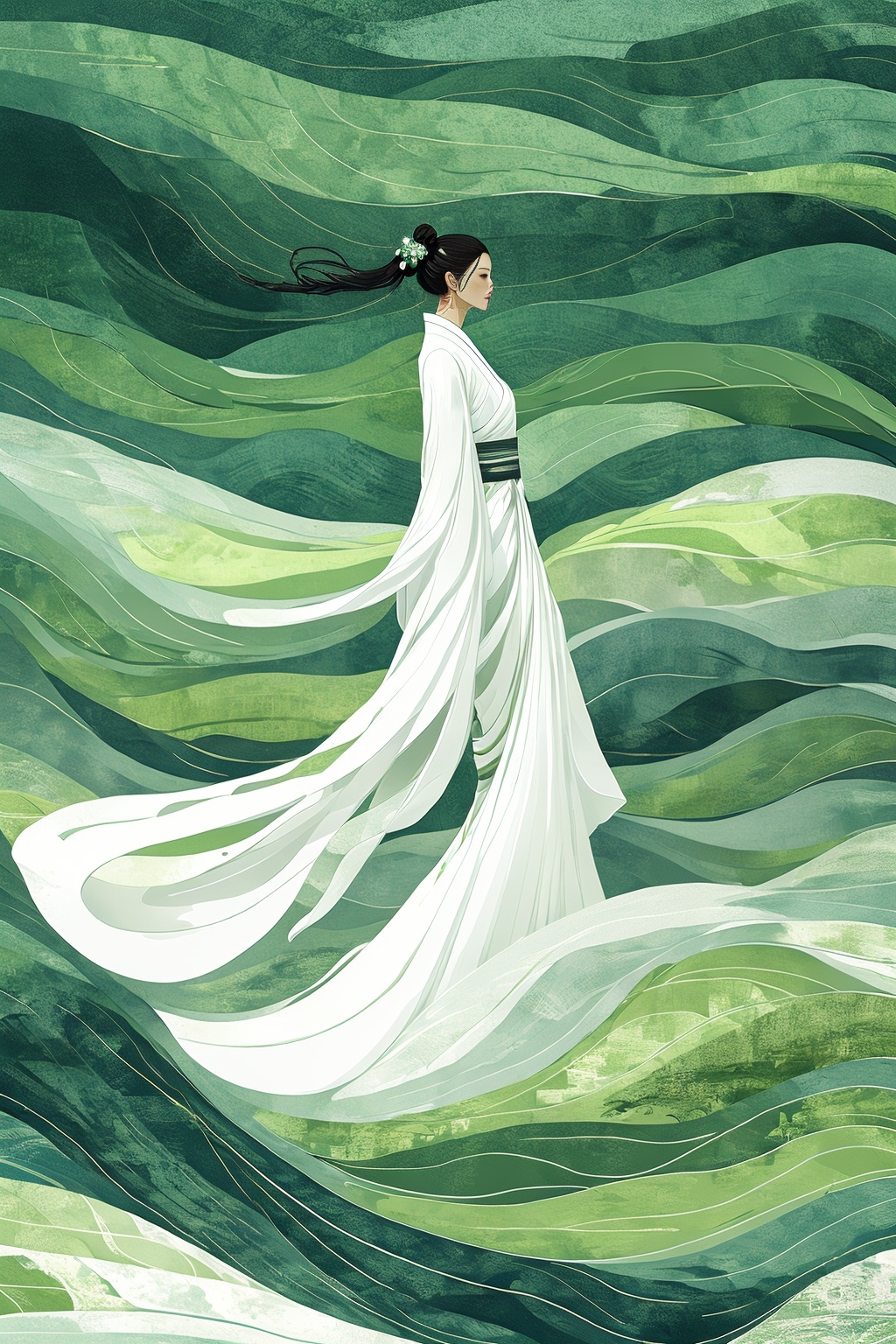 miluo zcch, digital art, traditional japanese clothing, hanfu, long sleeves, white hanfu, floral hair ornament, long black hair, elegant, serene, soft colors, abstract background, green and white wavy patterns, minimalistic, calm, peaceful, traditional art style, full body, side profile, standing, wind blowing hair, floral print, serene expression, chinese, nature-inspired, high contrast, detailed fabric texture,<lora:米洛丨宋代青绿1.5-v1:1>,