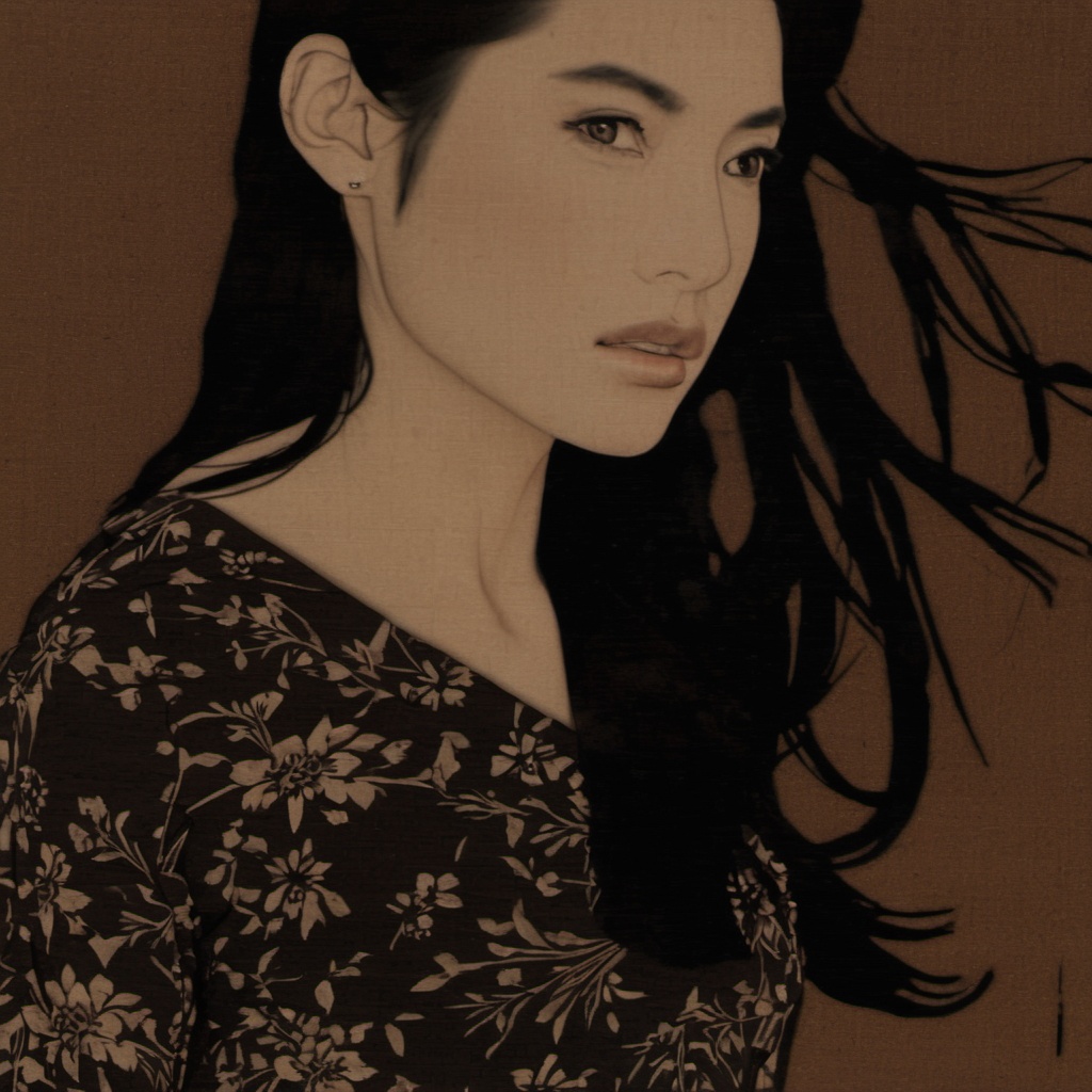 <lora:ukiyo-e_xl_v2:1>,1girl, solo, black_hair, monochrome, upper_body, parted_lips, lips, brown_background, fine_art_parody, collarbone, a portrait of a woman with long and flowing black hair, She has a serene expression, with her gaze directed to the side, The woman is wearing a blouse with a floral pattern, predominantly in shades of brown and beige, The background is a muted brown and which contrasts with the subject's pale complexion, The artwork appears to be a traditional Japanese woodblock print and given the style and the presence of a signature or seal in the bottom right corner, woman, long, flowing, black, hair, serene, expression, blouse, floral, pattern, shades, brown, beige, artwork, traditional, Japanese, woodblock print, signature