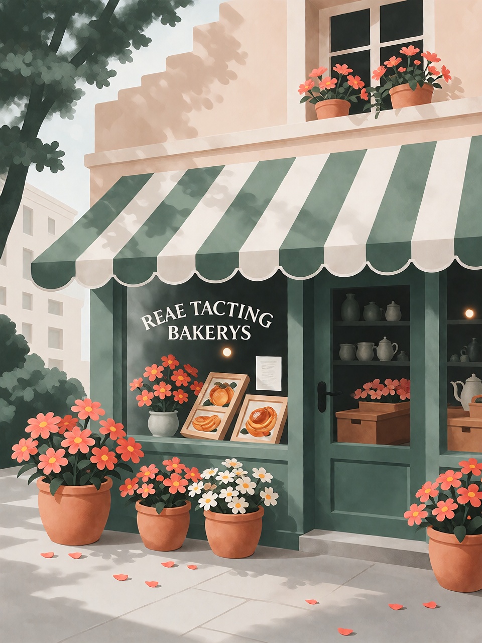 A small bakery storefront with striped awning and flower pots,  molded graphic illustration,  pastel palette on Tensor.Art