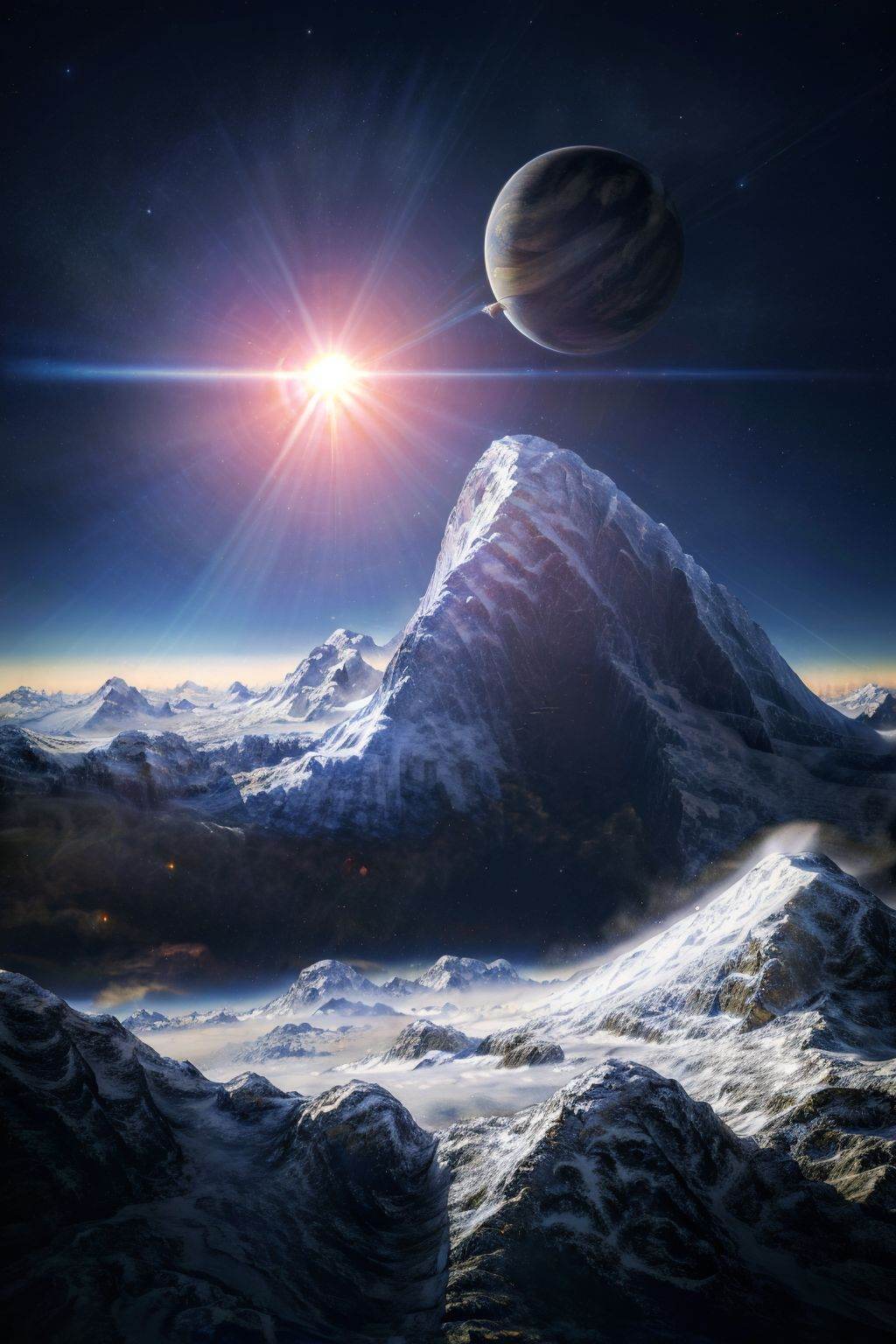 (masterpiece, best picture quality:1.3),realistic,planet,scenery,no humans,planet,sky,star \(sky\),mountain,outdoors,space,lens flare,<lora:planet_20240128144308:0.8>,