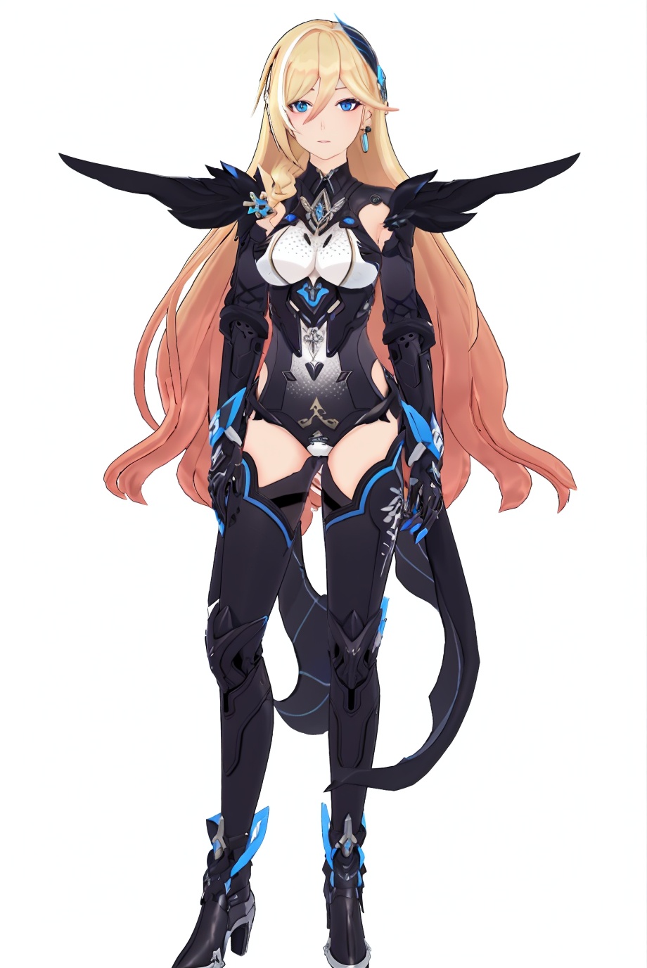 8k,best quality,masterpiece,(ultra-detailed),(high detailed skin),(by nanoless, by misumi \(macaroni\),:0.5),A full-body portrait of a young girl,standing gracefully,pastel art style,high-key lighting,shoujo manga influence,hd quality,delicate details,full body,full shot,standing,looking at viewer,(solo:1.2),simple background,(white background:1.2),<lora:Durandal-PalatinusEquinox-sd-Tanger:0.8>,Durandal \(Palatinus Equinox\) dark,clothes: black style armor suit,black style thigh boots,black style Durandal,black Feather decoration on the right shoulder,1girl,blonde hair,long hair,blue eyes,breasts,earrings,elbow gloves,jewelry,single left black mechanical wing,single wing,