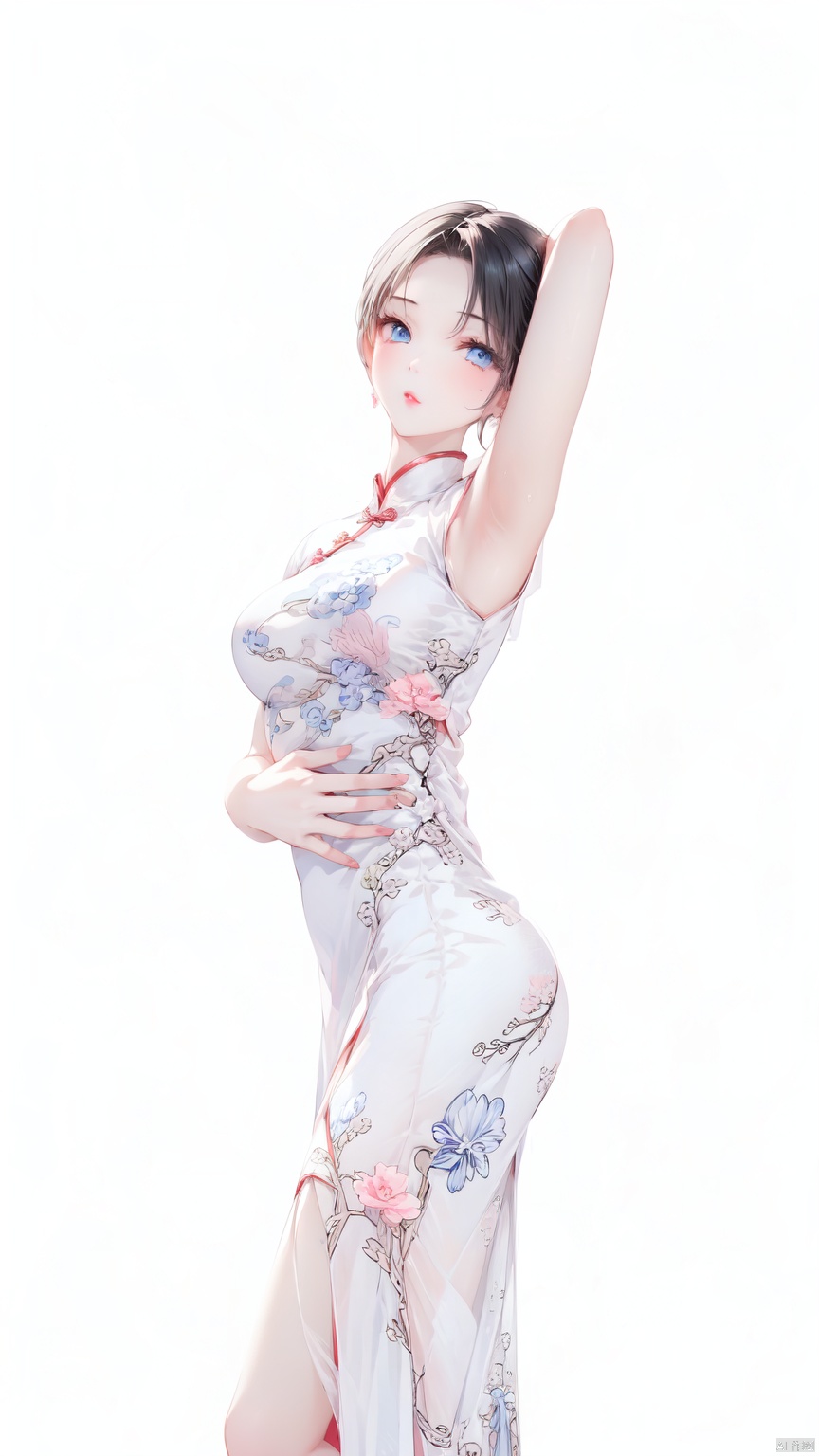 1girl, solo, short hair, black hair, white background, Blue eyes, white dress,Pink lips, chinese clothes, china dress, side slit, Medium breast,Cheongsam,——Clear hand contour,Hand intact,Five fingers of the hand are clear, loli, ((poakl))<lora:EMS-254762-EMS:0.500000>, <lora:EMS-260325-EMS:0.500000>, <lora:EMS-93-EMS:0.800000>