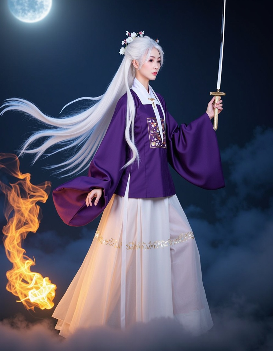 Beautiful Asian girl,  with long white hair cascading down,  ming style outfits hanfu on Tensor.Art