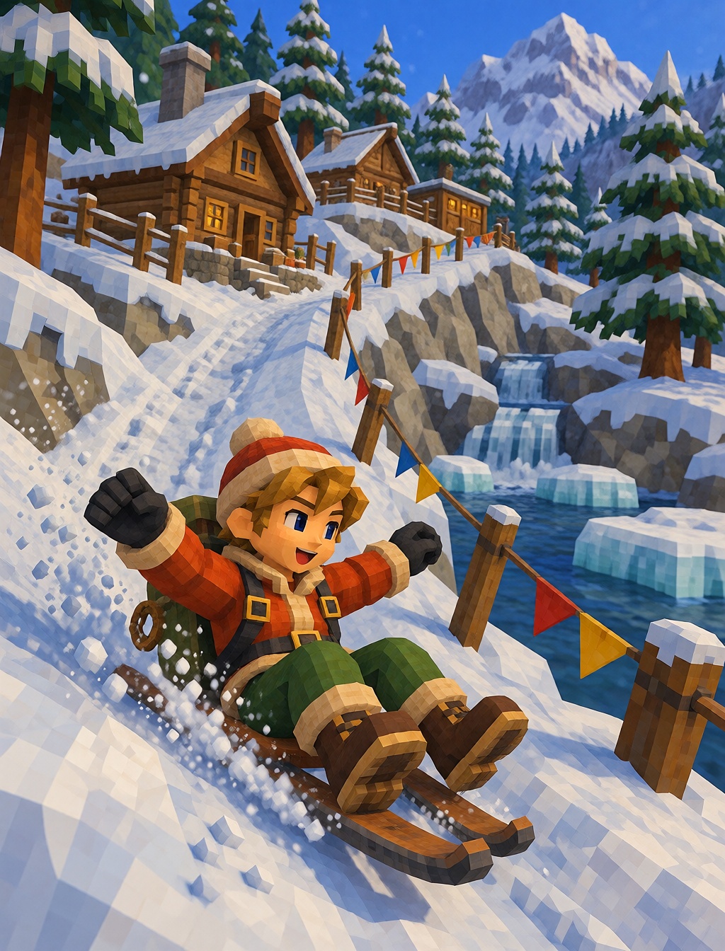 A character in a winter jacket sliding down a snowy slope between pine trees and wooden cabins,  icy river nearby,  colorf...