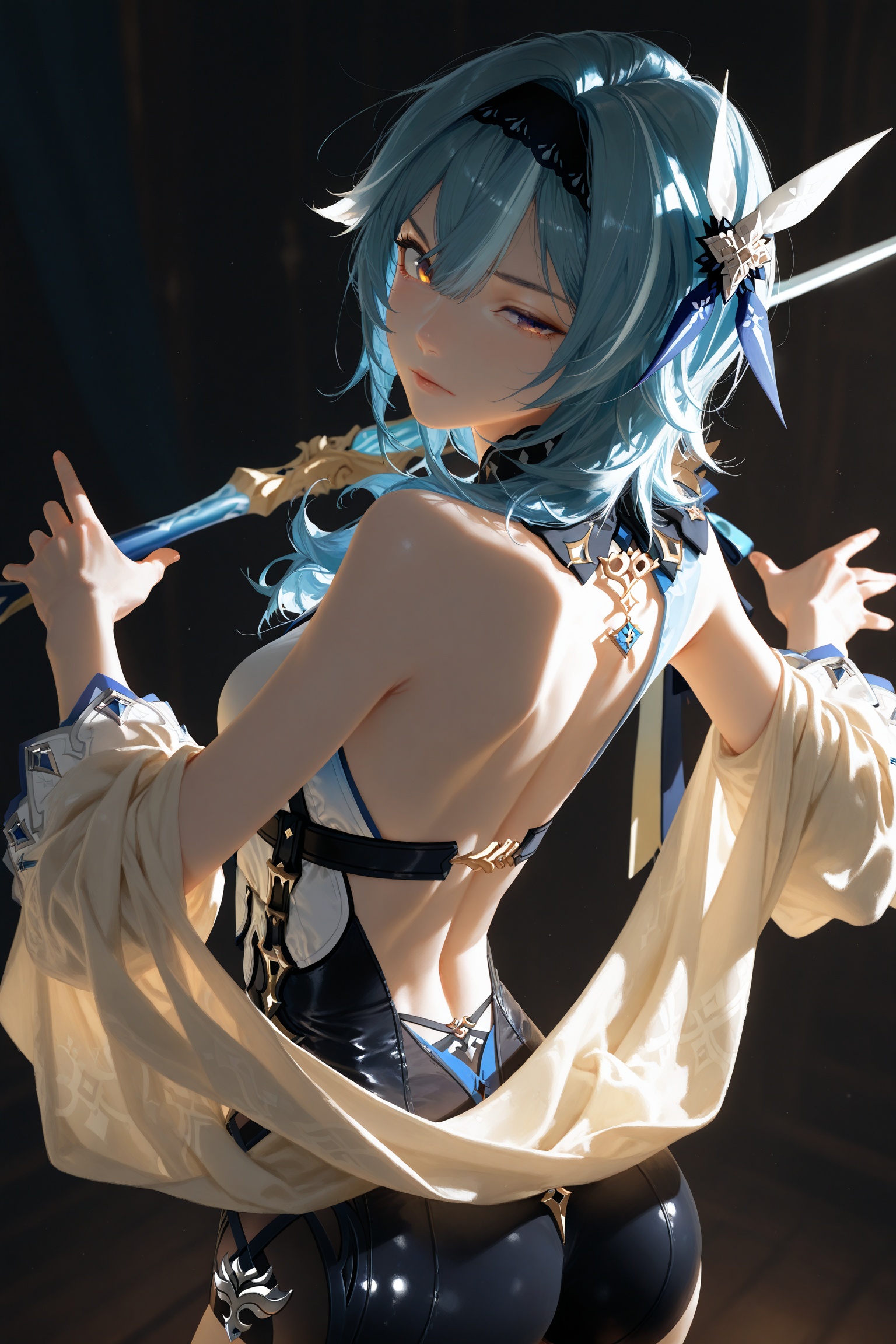 masterpiece,best quality,amazing quality,very aesthetic,absurdres,newest,(dino_(dinoartforame):0.5),(yoneyama mai:0.5),(Yomu:0.3),(quasarcake:0.4),(wlop:0.3),dark,eula_(genshin_impact),genshin_impact,1girl,blue_hair,yellow_eyes,looking_back,close one eye,dance movements,raise your weapon,raise your hand,behind the weapon,
