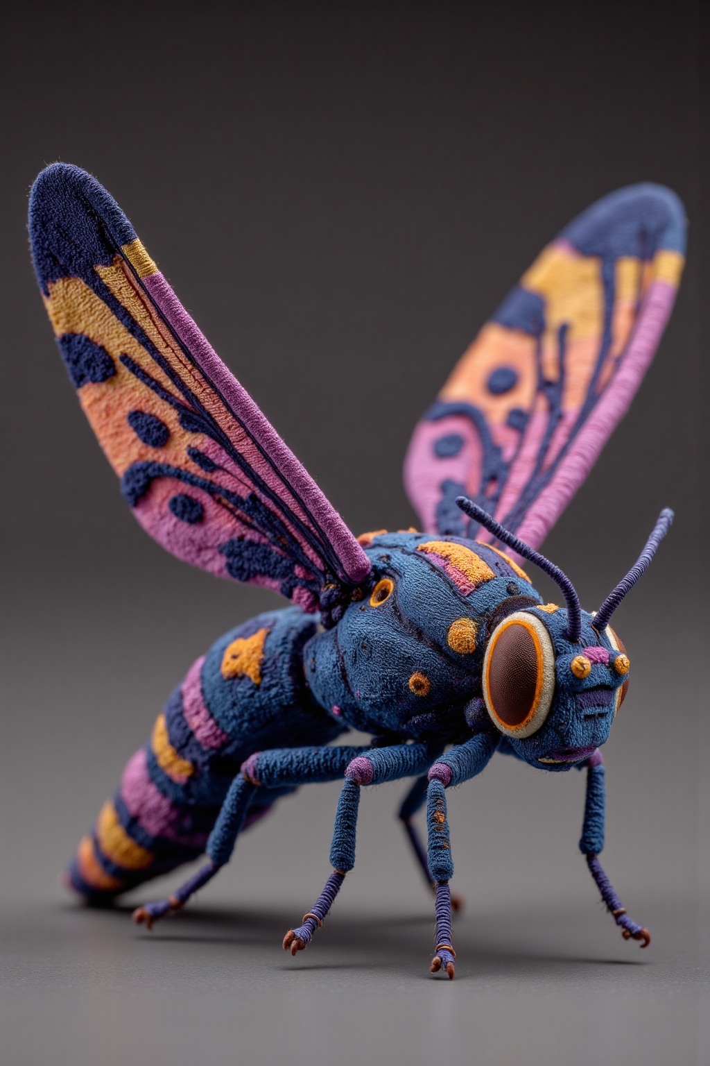 beijihui,Captured in a close-up,eye-level shot of a blue fly,adorned with purple wings and a yellow circle in the center. The fly's wings are adorned with a variety of vibrant colors,including purple,orange,yellow,and blue. The wings are spread out,adding a pop of color to the scene. The background is a solid gray,creating a stark contrast to the fly's body.,