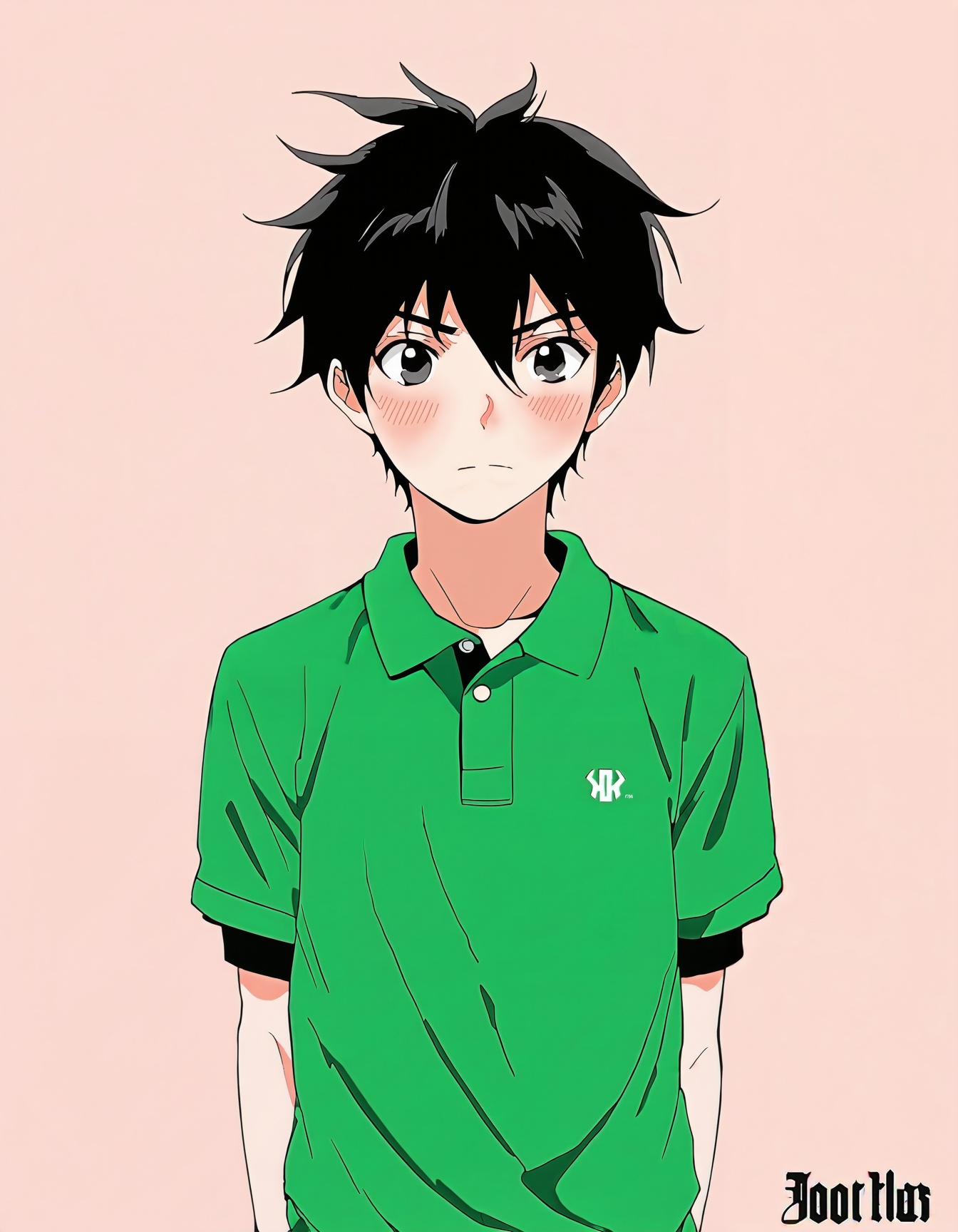 anime style,  an anime boy with black hair and a green polo shirt on Tensor.Art