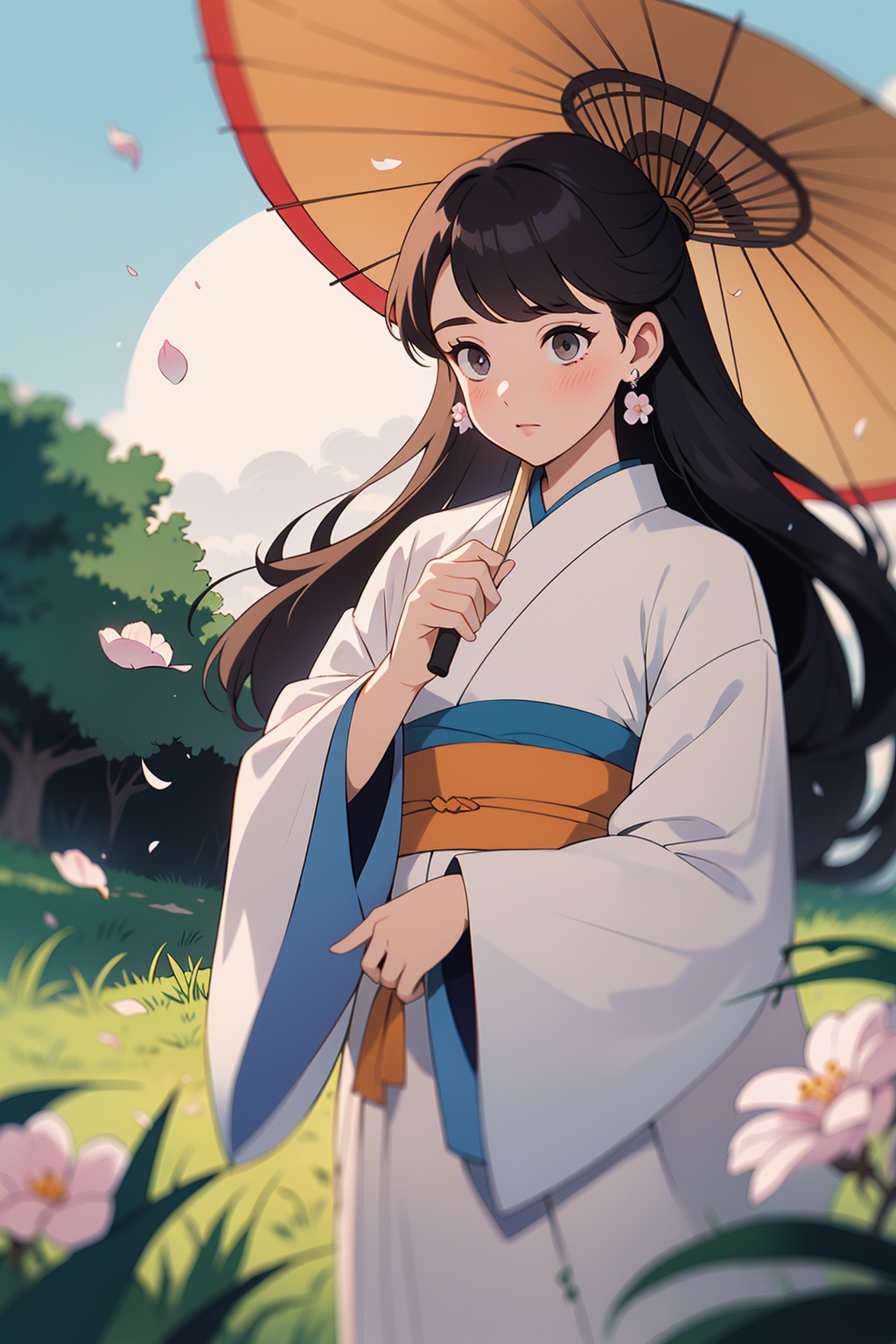 a cute ghost girl is floating in the night sky with a bamboo umbrella,  wearing a flowery kimono,  art by fuji choko on Te...