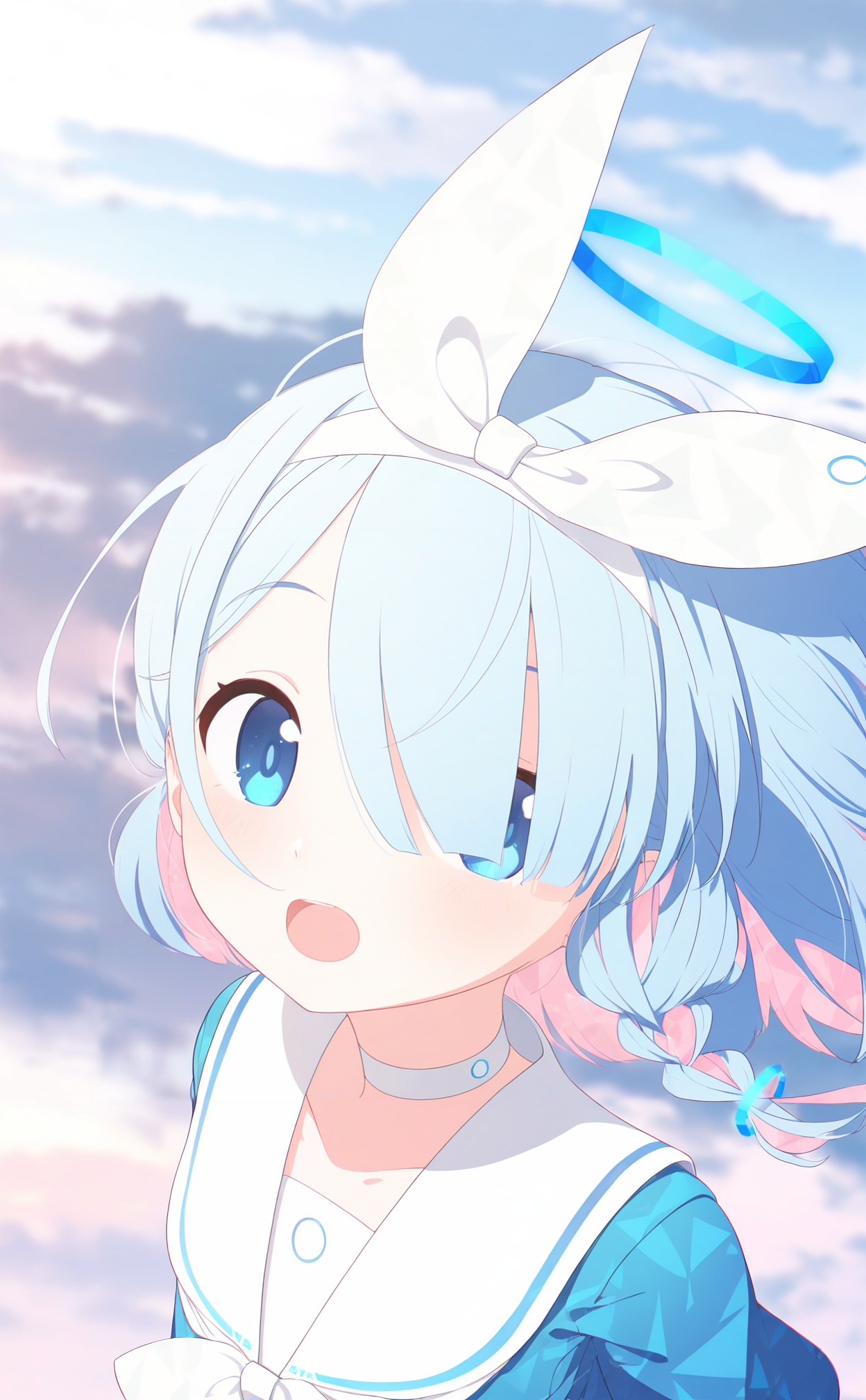 masterpiece,highres,absurdres,newest,best quality,high quality,loli,petite,chromatic_aberration,//,1girl,arona (blue archive),solo,halo,hair over one eye,blue hair,multicolored hair,sailor collar,braid,blue eyes,choker,looking at viewer,white sailor collar,pink hair,colored inner hair,white choker,school uniform,hairband,sky,upper body,serafuku,open mouth,cloud,single braid,blue shirt,short hair,bow hairband,white hairband,shirt,floating hair,cloudy sky,outdoors,neckerchief,two-tone hair,collarbone,blue halo,blurry,//,<lora:ba44——【noob】hans:1>,