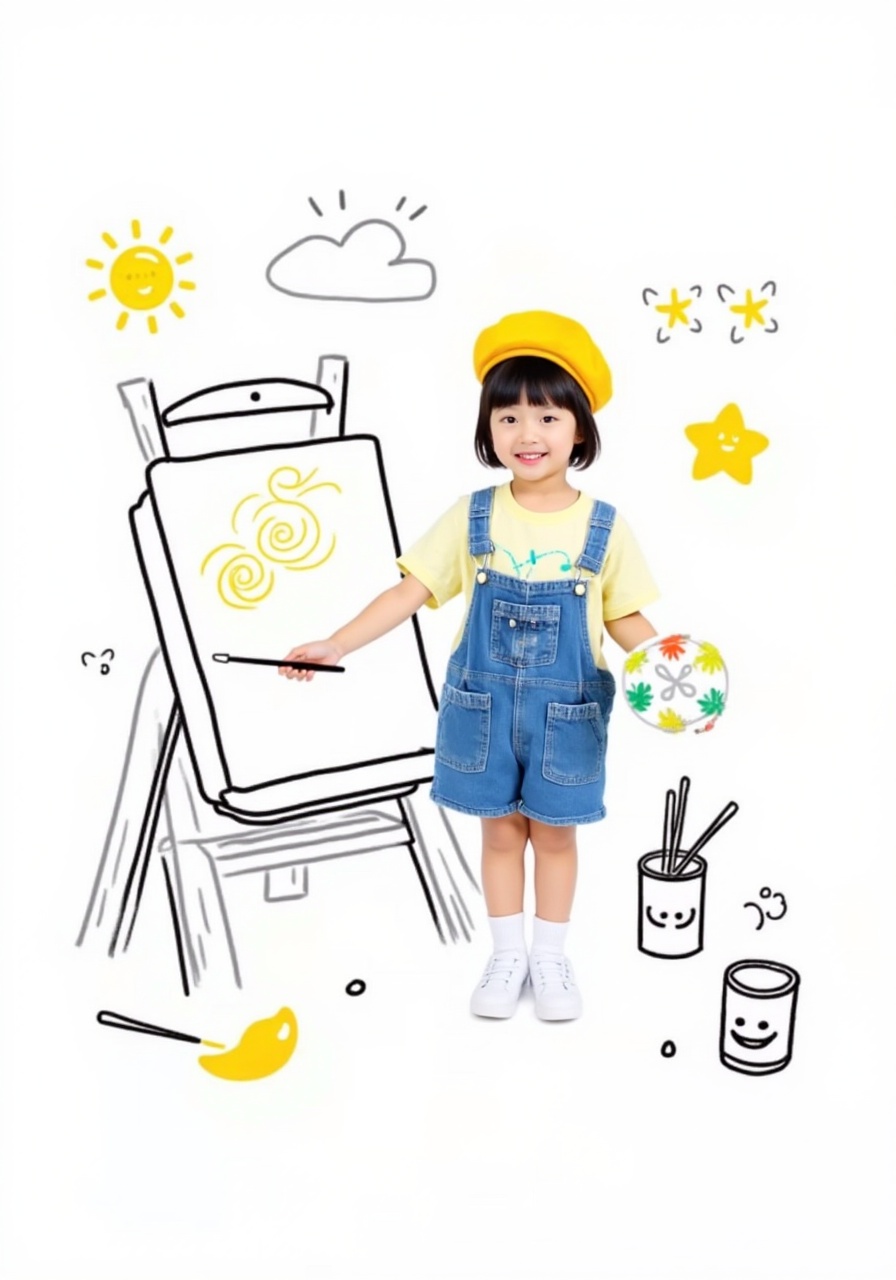 This is a vibrant, whimsical photograph featuring a young child standing in front of a large easel. The child, likely a girl, has a cheerful expression and short, straight black hair with bangs. She is wearing a light yellow t-shirt underneath blue denim overalls with a small green design on the chest, and white socks. She also has a yellow beret on her head. In her right hand, she holds a paintbrush, and in her left hand, she holds a paint palette with different colors. The easel, positioned to the left of the child, has a blank canvas with a simple, hand-drawn yellow sun with spiral lines radiating from it. The easel is drawn in black, with playful, cartoon-like lines and details. Surrounding the easel are various doodles and elements, including a yellow star, a cloud with a smiling face, and a butterfly. There are also scattered paintbrushes and paint cans, one of which is tipped over, adding to the playful, artistic atmosphere.The background is a clean, white space, enhancing the focus on the child and the art materials. The overall style is bright and colorful, with a playful, childlike aesthetic.<lora:jiaV1 (5):1>,﻿