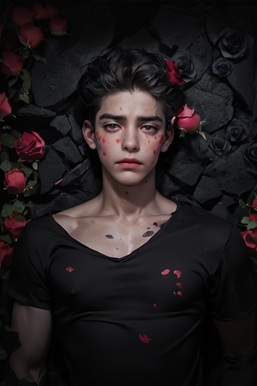 (1 boy:1.8),flower, (photography: 1.6), (masterpiece 1.2), (32k: 1.8), (many roses:1.8), looking at viewer, makeup, red lips, long hair, red flower, petals, (red rose: 1.0), brown Eyes, lips, collarbone, lipstick, there is a red spot on the face, (covered by roses: 1.2), lying on the ground, upper body,(wear black shirt:1.2),Cinematic quality,(There are red spots on the face, covered by roses:1.8),dim light,(melancholy style:1.8),(deep and dark environment:2) <lora:玫瑰少年_1.0:0.7>