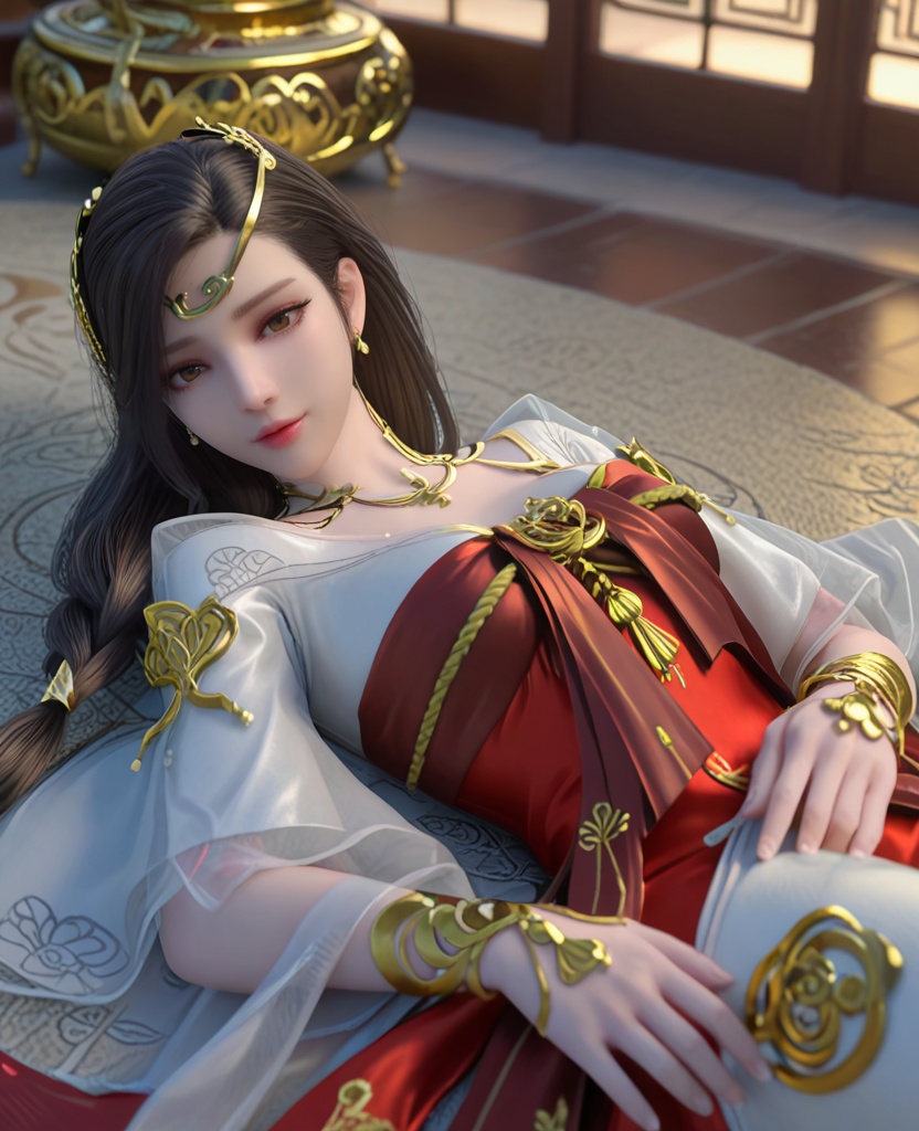 (oriental architecture, elegant decor, sophisticated style:1.1),(lying on back, parallel to the camera:1.1),(breasts:1.2),<lora:XL雪鹰领主许琴:0.95>,miss xuqin,chest-length ru skirt,black hair,long hair,see-through sleeves,circlet,jewelry,obi,bracelet,brown eyes,hair ornament,braid,lips,, score_9,score_8_up,score_7_up,score_6_up,score_5_up,score_4_up,3d rendering,tag1,tag2, Cinematic Lighting,backlighting,