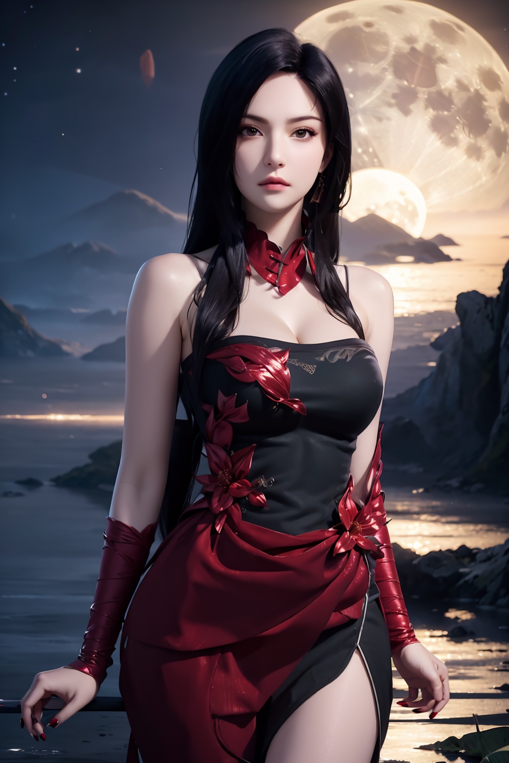 standing,dress,chinese clothes,flower,full_moon,moon,night,lily_pad,lotus,moonlight,nipples,water,night_sky,lily_\(flower\),sky,partially_submerged,1girl,solo,hair ornament,long hair,realistic,nail polish,photo_\(medium\),(big breasts, cleavage),makeup,(8k, RAW photo, best quality, masterpiece:1.2),(realistic, photorealistic:1.3),ultra-detailed,extremely detailed cg 8k wallpaper,(crystalstexture skin:1.2),extremely delicate and beautiful,(sexy pose:1.2),chinese dress,