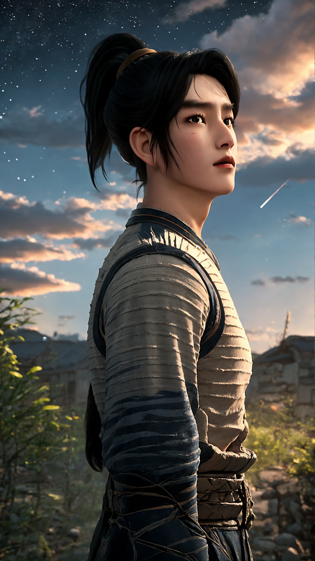 solo,black hair,looking at viewer,realistic,black eyes,lips,closed mouth,scar,short hair,ponytail,day,<lora:Chenpingan Boy_20240906021908:0.8>,1boy,<lora:20240601-1717253745719:0.7>,old,ponytail,<lora:hanfu_20231118200453:0.7>,upper_body,the top of the hill,starry sky,cumulus_fractus,