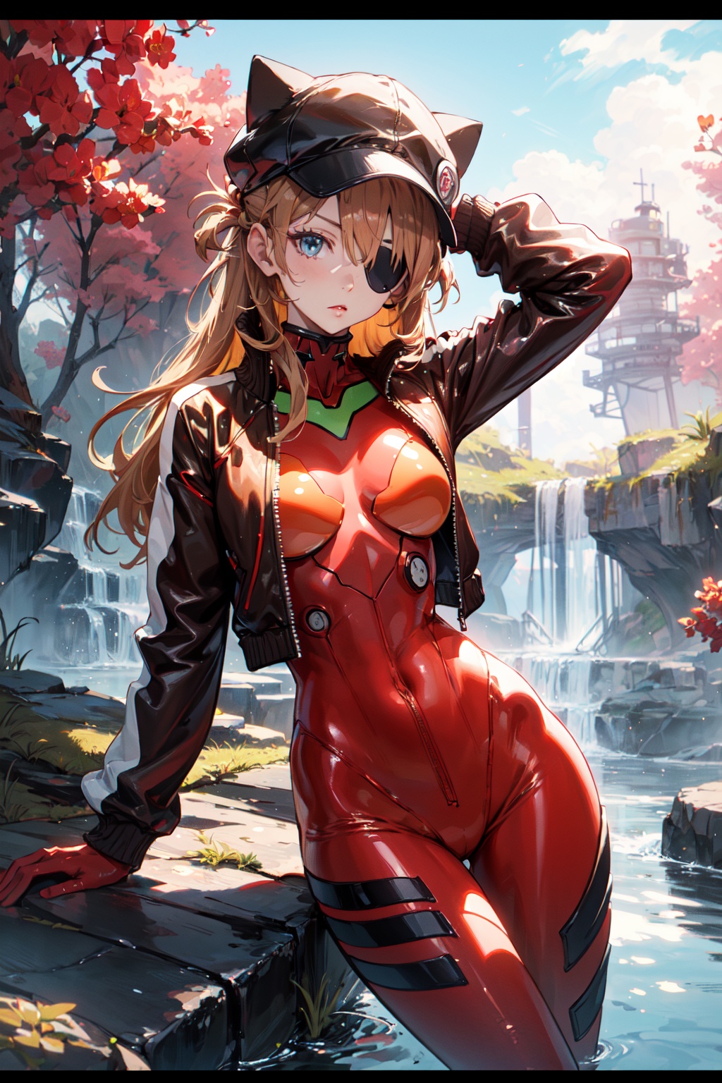 <lora:Asuka-000018:0.8>,Asuka CYQL,1girl,looking at viewer,solo,long hair,blue eyes,interface headset,brown hair,orange hair,hair between eyes,two side up,medium breasts,(plugsuit,eyepatch,hat,jacket,animal hat,bodysuit,red jacket,track jacket,cat hat,black headwear,bodysuit under clothes,red bodysuit,hat ornament,long sleeves,zipper,turtleneck),(kind_smile:1.2),beautiful face,beautiful eyes,glossy skin,shiny skin,(cowboy_shot,foreshortening,straddling:1.2),rubbing eyes,Waterfall, Forest, Rocks, Mist, Trees, River, Rainbow, Serenity,entangled_plants,beautiful detailed sky,beautiful detailed glow,(English text:1.3),(border:1.5),posing in front of a colorful and dynamic background,(masterpiece, best quality, beautiful and aesthetic:1.3),contrapposto,female focus,fine fabric emphasis,wallpaper,fashion,Lipstick,depth of field,intricate_detail,finely_detailed,fine_fabric_emphasis,(glossy),<lora:增强减少细节add_detail:0.3>,