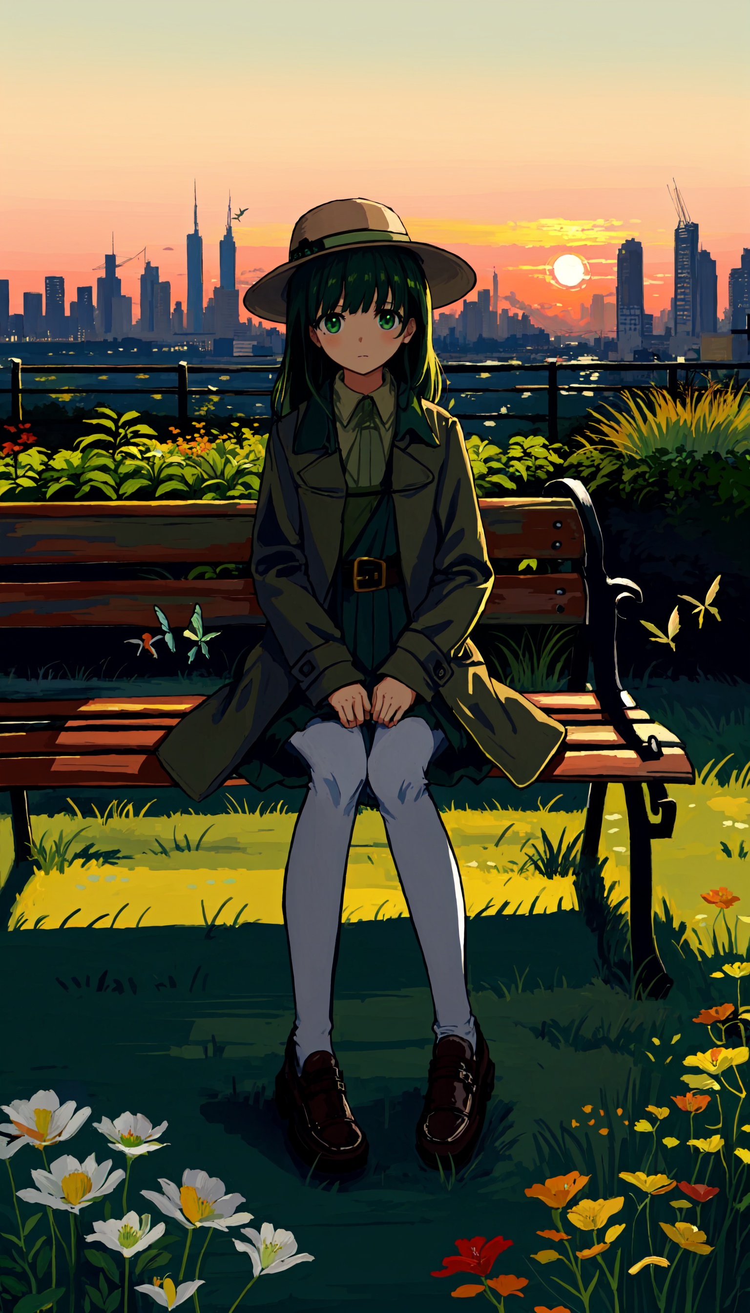 ((garden)), (bench), (light-green butterflies), (city skyline), (sunset), (rosy clouds), 1 young girl, cute girl, solo, close shot, sitting, grace pose, white pantyhose, (long black hair), blunt bangs, green eyes, (khaki fedora), (khaki coat), (long light-green dress), light-green shoes,cozy anime,niji,cuteloli