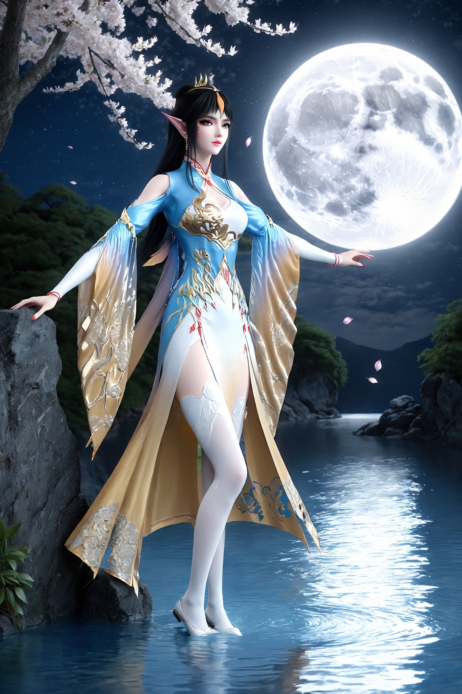 professional 3d model kneeling, dress, chinese_clothes, long_sleeves, detached_sleeves, hanfu, looking_at_viewer, (8k, RAW photo, best_quality),(highly_detailed),(masterpiece:1.2),(ultra-detailed),(extremely_detailed_cg_8k_wallpaper),(realistic:1.2),(photorealistic:1.3),(scenery, waterfall, (cherry_blossoms), (milfeulle_sakuraba), (petals, falling_petals), full_moon, moon, night, moonlight, night_sky, sky, petals, water, stone),1girl, solo, pointy_ears, black_hair, long_hair, hair_ornament,  eyeshadow, eyelashes, jewelry, earrings, makeup, thighhighs, white_legwear, medium_shot,(texture_skin:1.3),(shiny_skin:1.4),(an_extremely_delicate_and_beautiful),<lora:jwh_fengqinger_dpcq_xl_1.0:0.8>, . octane render, highly detailed, volumetric, dramatic lighting