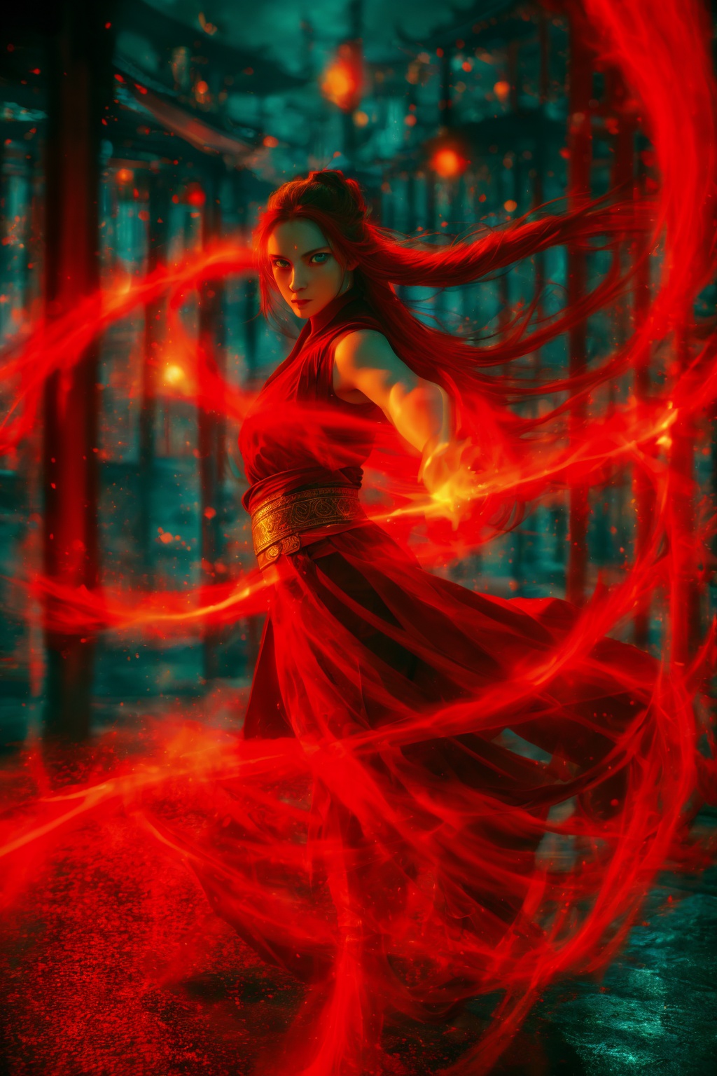 dancing,fighting stance,red-aura,using red-magic,red-magic,1girl,solo,long hair,blue eyes,common face,full body,<lora:magic_fighting_red_512_dreamshaper_8_2:0.8>,