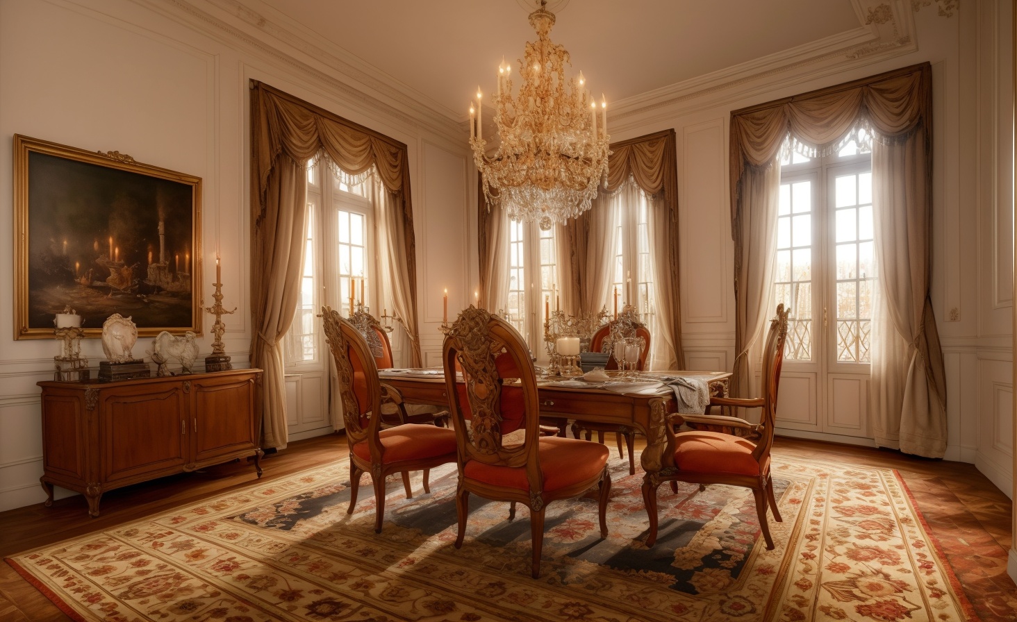livingroom, Europroom, no humans, indoors, window, scenery, candlestand, chair, curtains, chandelier, table, wooden floor, book, candle, still life, painting \(object\), rug, carpet, sunlight,,<lora:SD1.5_Europeroom2.28:0.6>