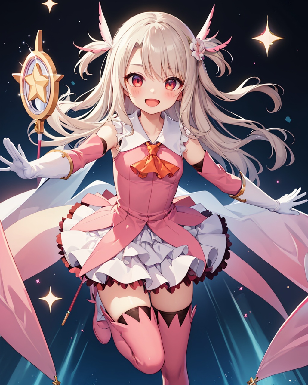 masterpiece,best quality, highly detailed, prisma illya,1girl, solo, open mouth, :d, pink thighhighs, thigh boots, magical girl, holding wand, two side up, star (symbol), white gloves, pink footwear, looking at viewer, holding card, blush, outstretched arms, detached sleeves, ascot, sleeveless shirt, sparkle, feather hair ornament, elbow gloves, layered skirt, pink gloves, pleated skirt, long sleeves, white skirt, pink flower,<lora:prisma_illya:1>